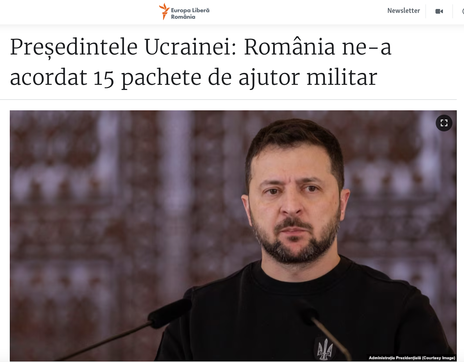 Знімок з екрана, румунське бюро “Радіо Свобода”, “Президент України: Румунія нам надала 15 пакетів військової допомоги”