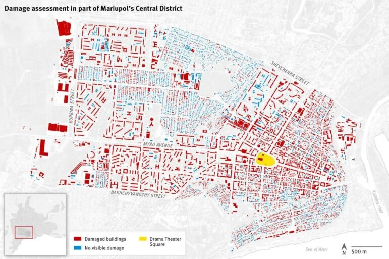 Карта пошкоджених будівель у частині Центрального району Маріуполя за оцінкою Human Rights Watch на підставі фотографій, відео та супутникових знімків. Зображення надано Human Rights Watch