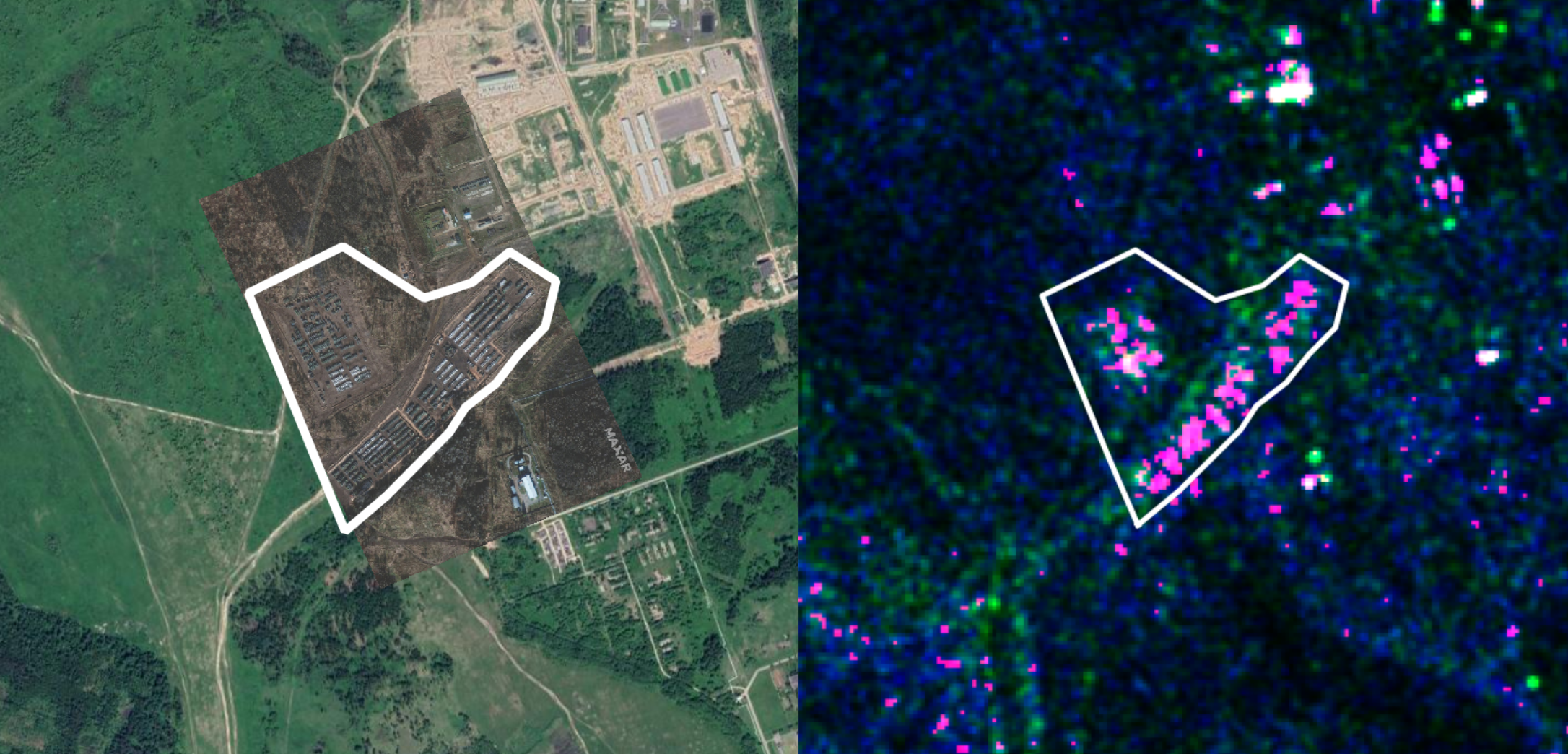 Ліворуч — супутниковий знімок від MAXAR (листопад 2021), праворуч — зображення від Sentinel-1 у той самий час