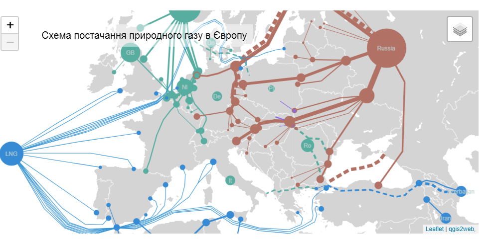 Карта транзита газа через украину в европу