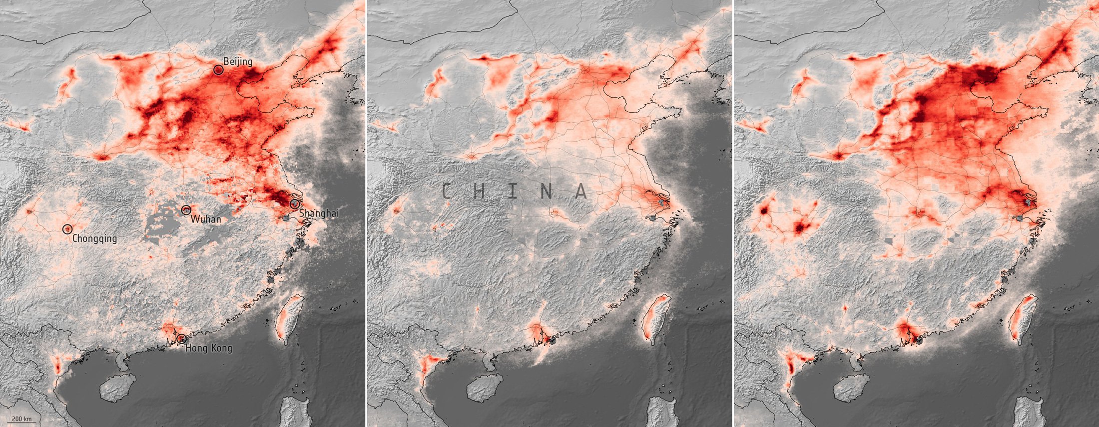 Середні рівні діоксиду азоту над Китаєм, джерело: Європейське космічне агентство
