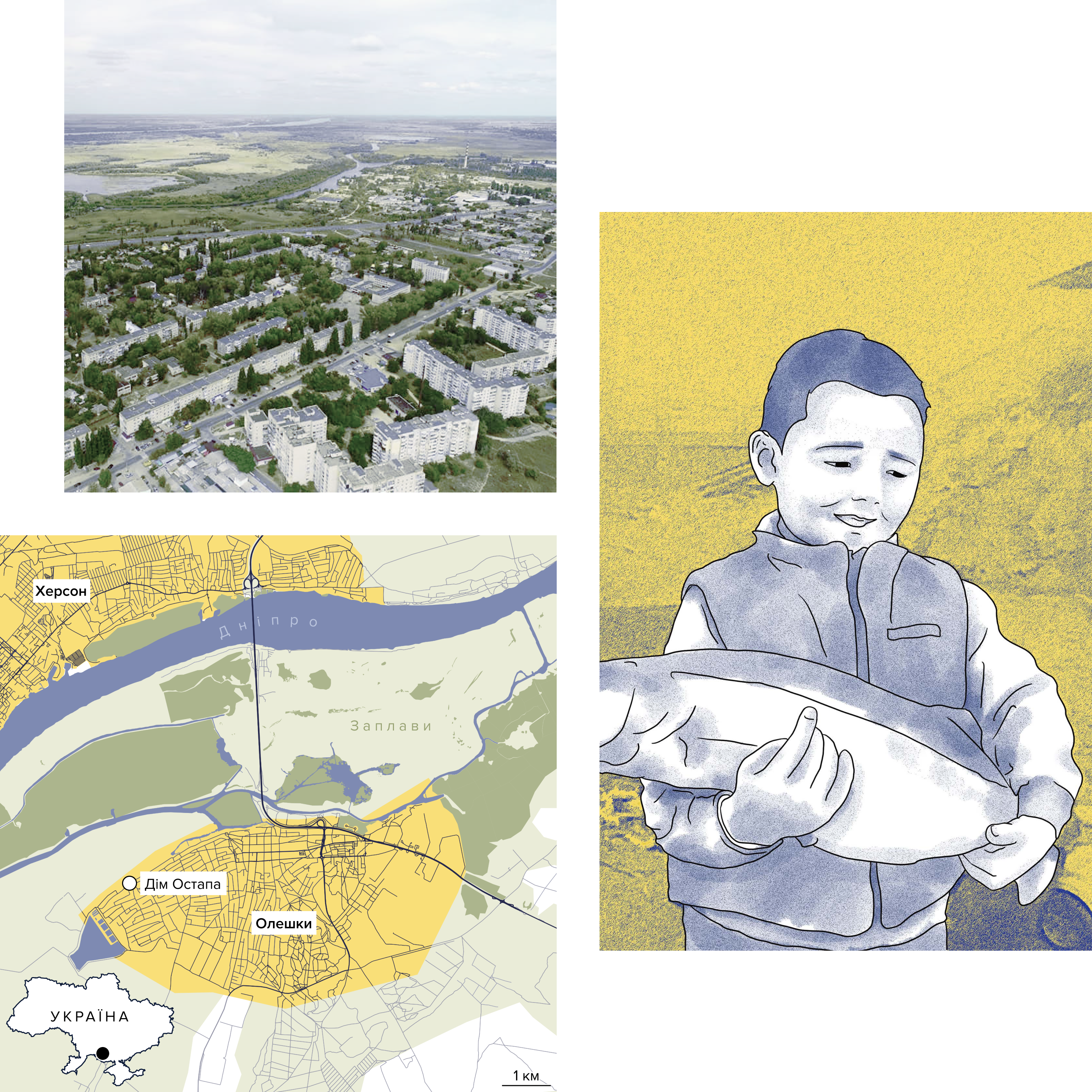 Вгорі ліворуч: Аерофотознімок Олешок. Праворуч: Остап позує з рибою. Джерела: Facebook,OpenStreetMap (ілюстрація NZZ)