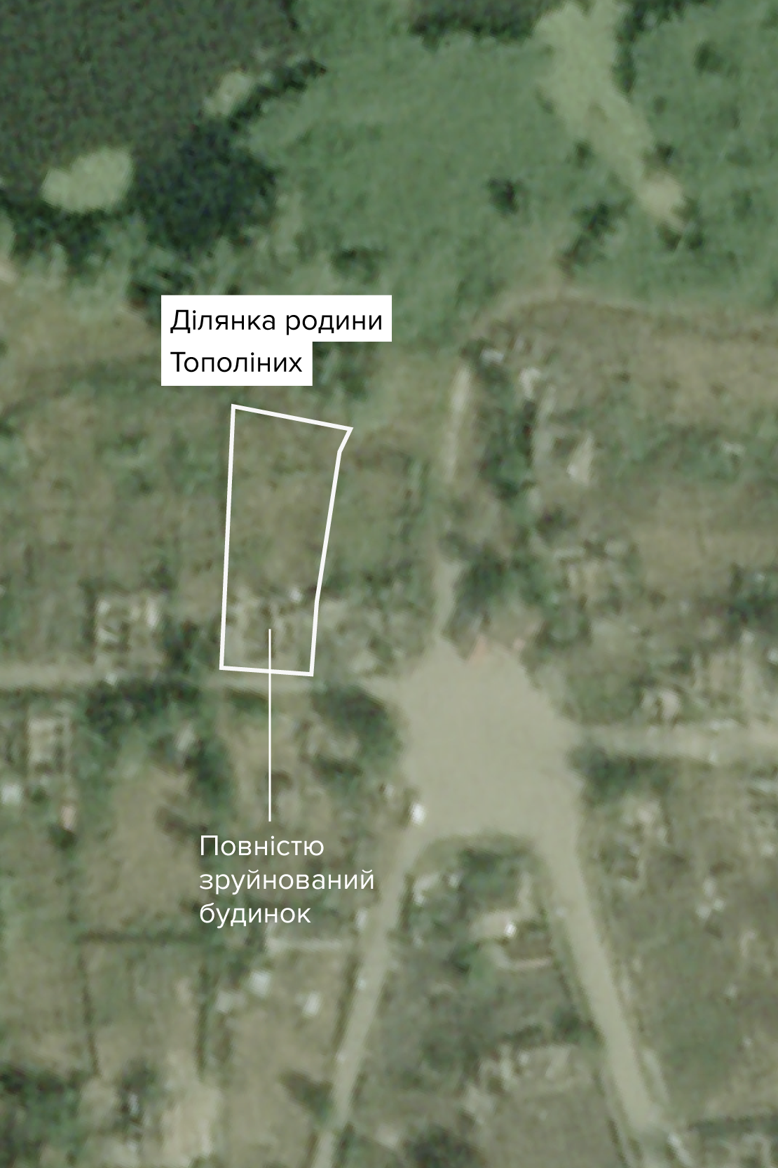 Олешки. Супутниковий знімок 2025 року. Будинок Тополіних повністю зруйнований. Джерело: Planet Labs