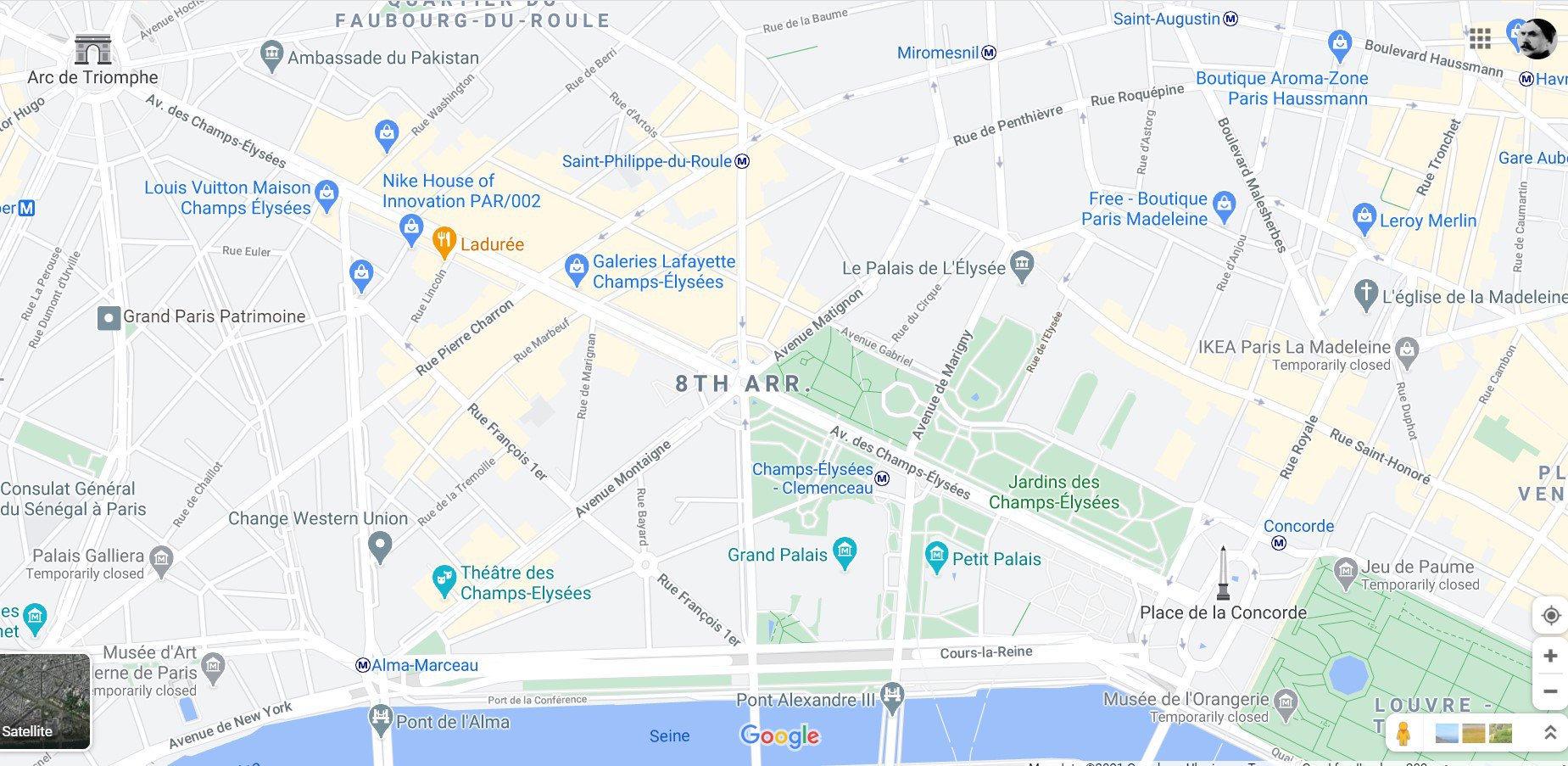 Єлисейські поля в центрі Парижа простягаються на 1,9 км: від площі Згоди до Тріумфальної арки, – скріншот Гугл-карт
