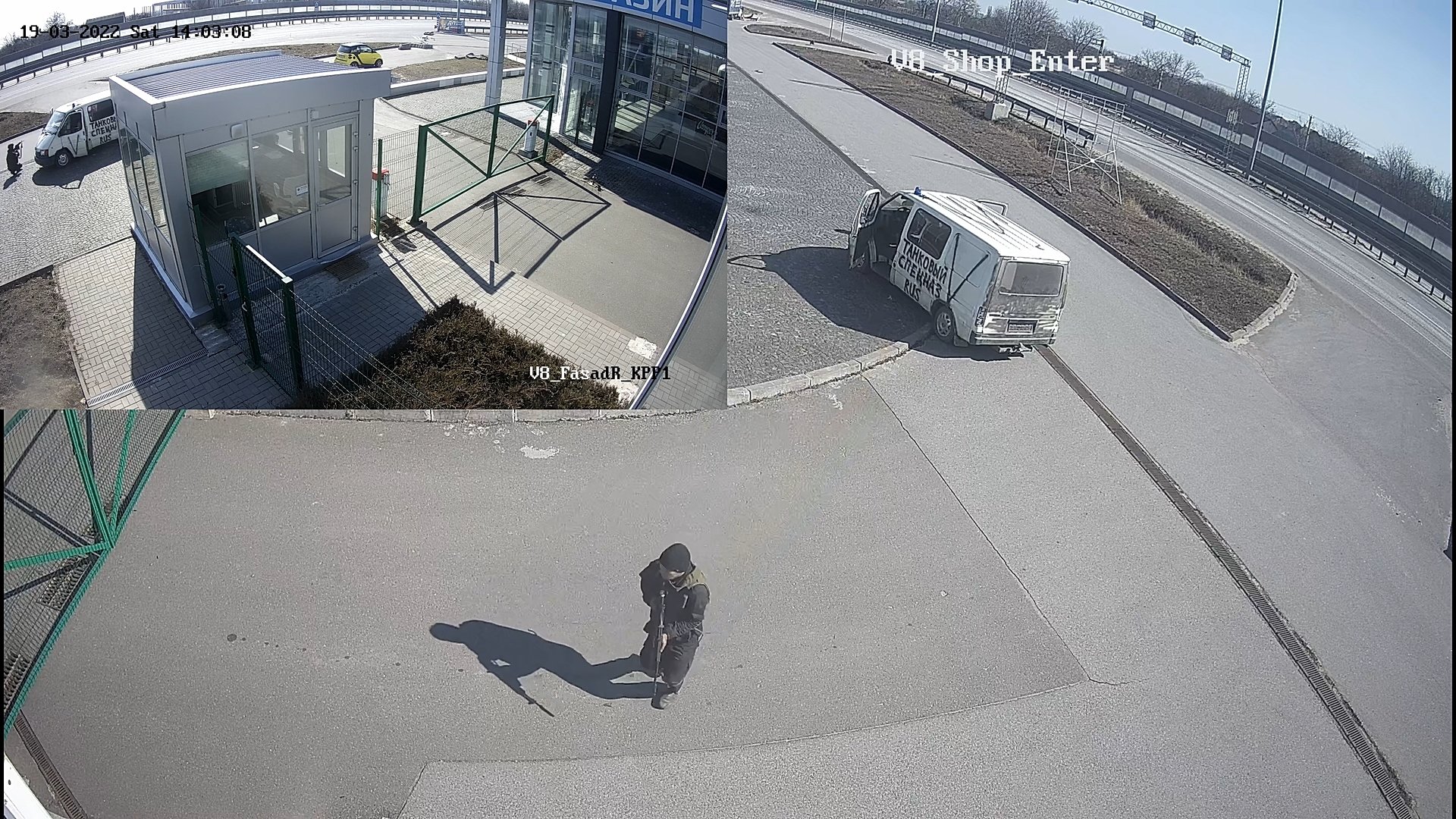 19 March 2022. The Russian military arrives in Serhii Kabashny's Ford Transit at the Camper Group car dealership. The footage shows a V mark on the roof and side of the car, as well as the signature "TANK SPETNAZ RUS". Photo: DENOTAT documentary group