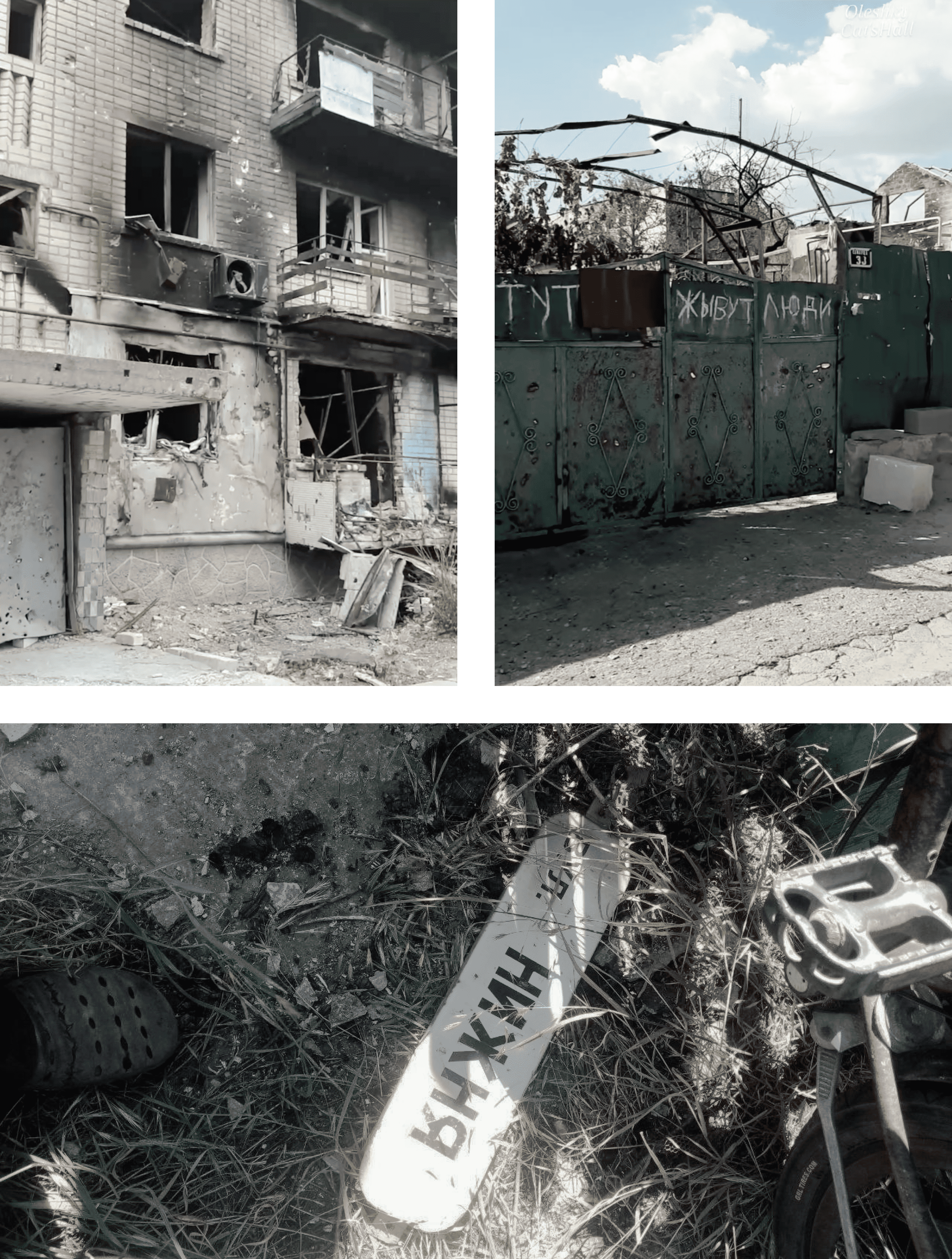 Ліворуч угорі: Зруйнований будинок в Олешках. Праворуч угорі: на металевій брамі написано ламаною російською мовою: «Тут живуть люди». Внизу: на зруйнованій вулиці, де виріс Остап, на землі лежить вуличний вказівник. Джерела: Telegram