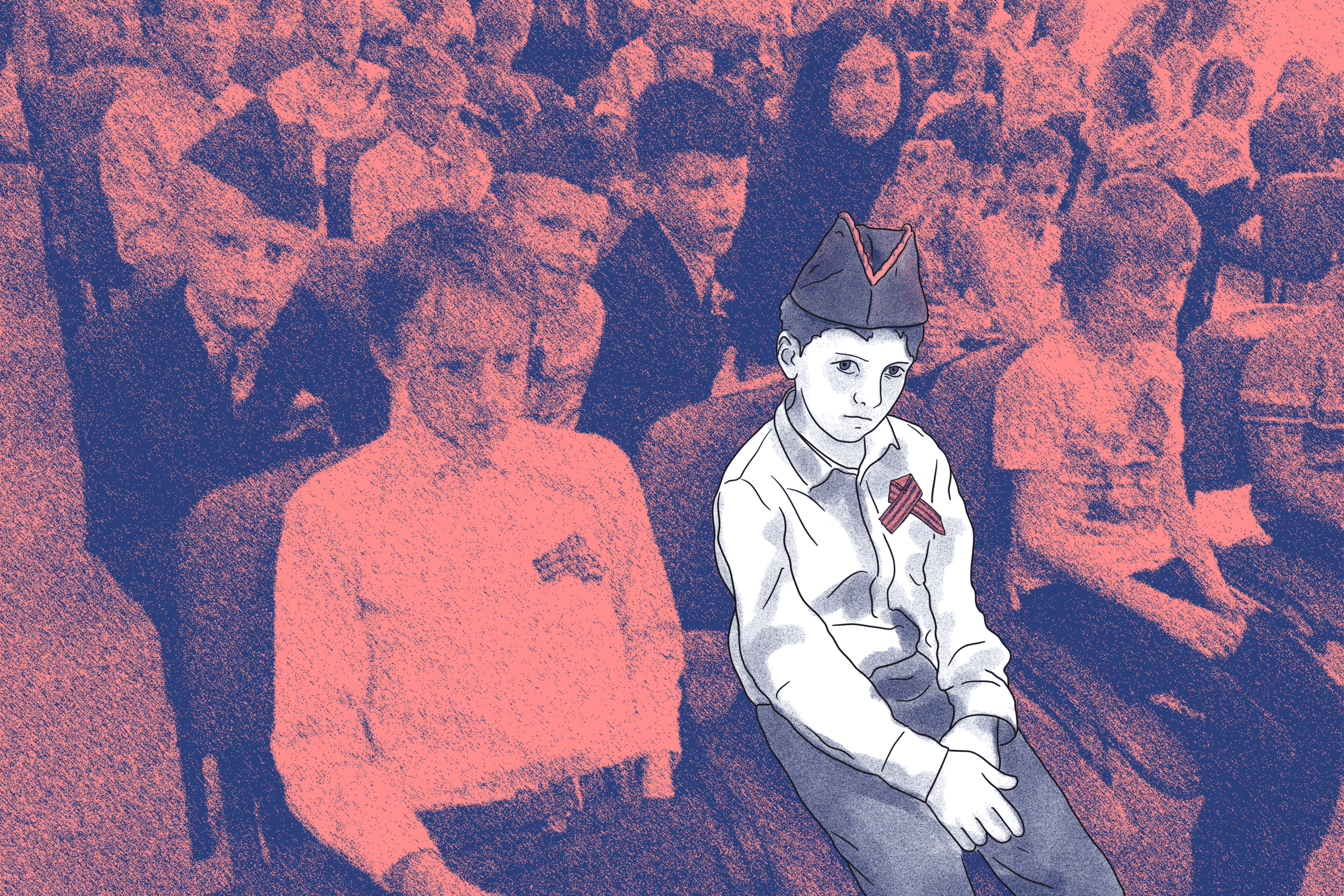 Остап у дитячому будинку під час святкування перемоги Радянського Союзу над нацистською Німеччиною. На ньому пілотка та георгіївська стрічка – символ російського імперського націоналізму.  Джерело: ВК