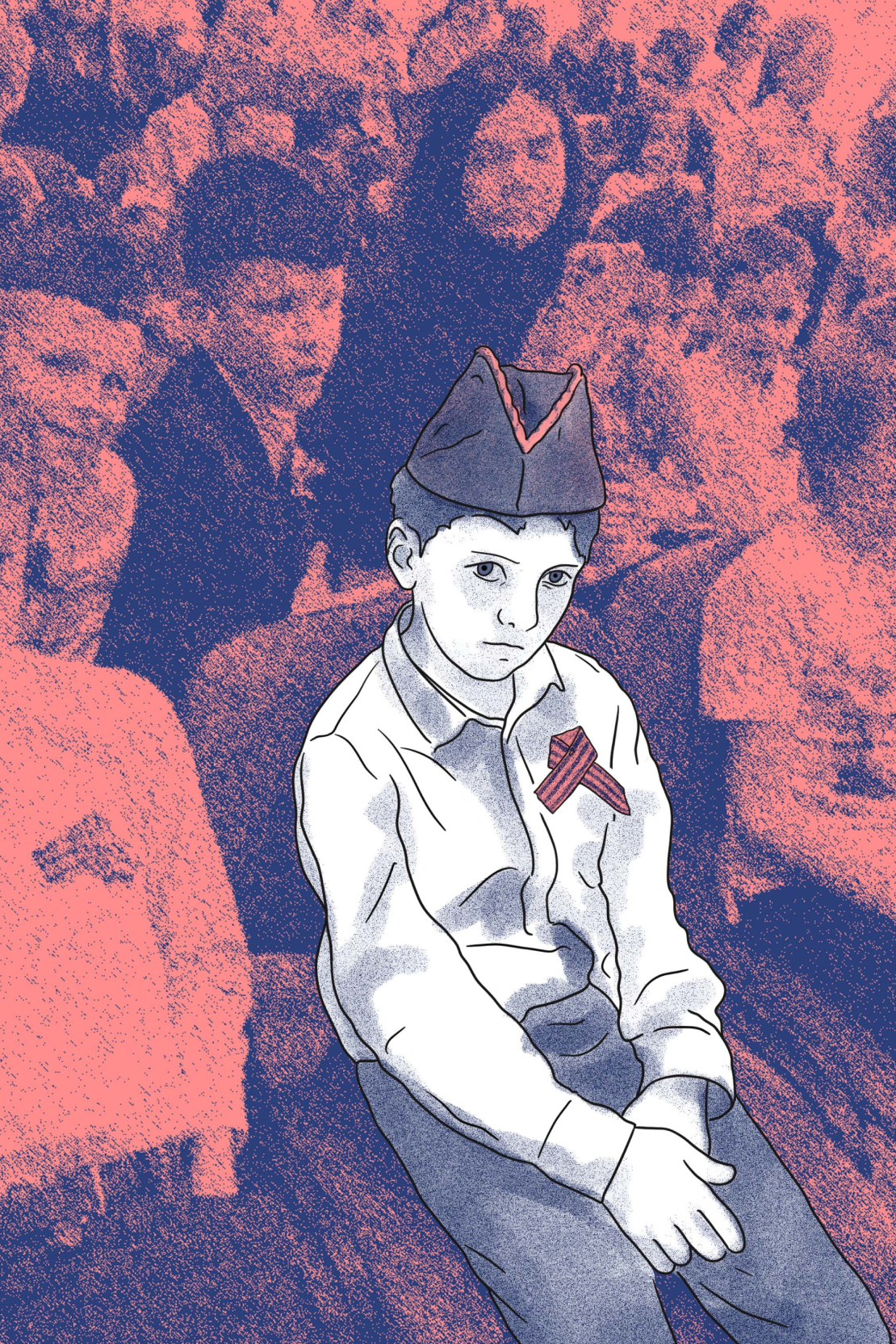 Остап у дитячому будинку під час святкування перемоги Радянського Союзу над нацистською Німеччиною. На ньому пілотка та георгіївська стрічка – символ російського імперського націоналізму.  Джерело: ВК