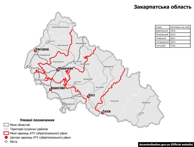 Проєкт Міністерства розвитку громад та територій України щодо укрупнення районів у Закарпатській області. Заплановано в області створити 5 районів із нинішніх 13 районів