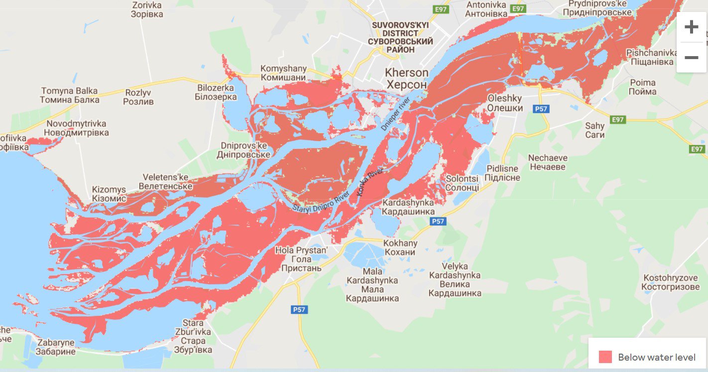 Затоплення в районі Херсону – червоним