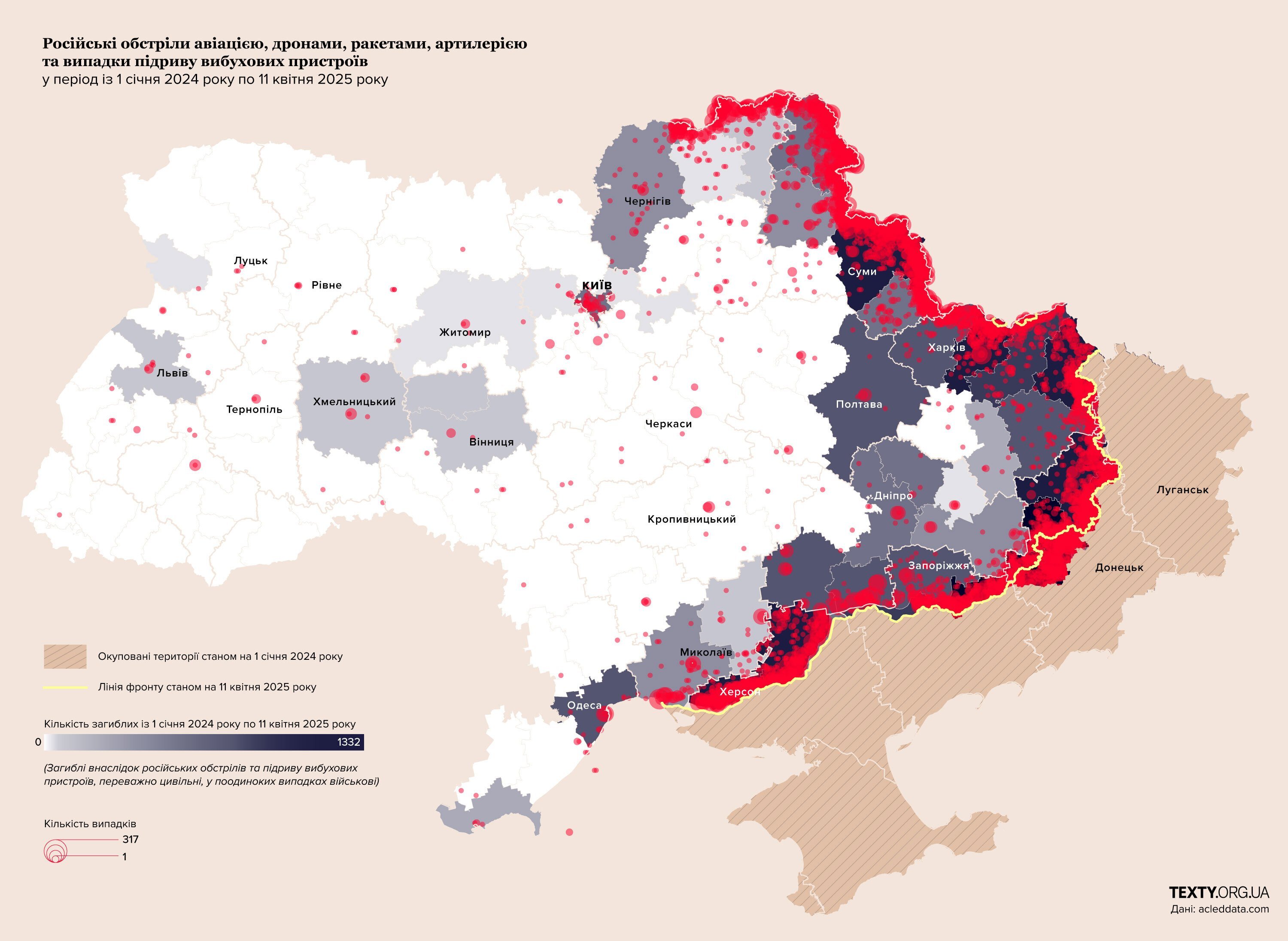 Інфографіка Texty.org.ua, підготовлена на основі даних міжнародної ініціативи ACLED (Armed Conflict Location & Event Data)