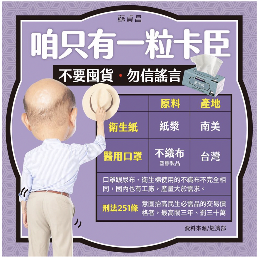Зображення прем'єра Су Чжень-Чана з підписом "у нас тільки по одній дупі" та насмішками щодо скупників туалетного паперу й поясненням щодо дезінформації