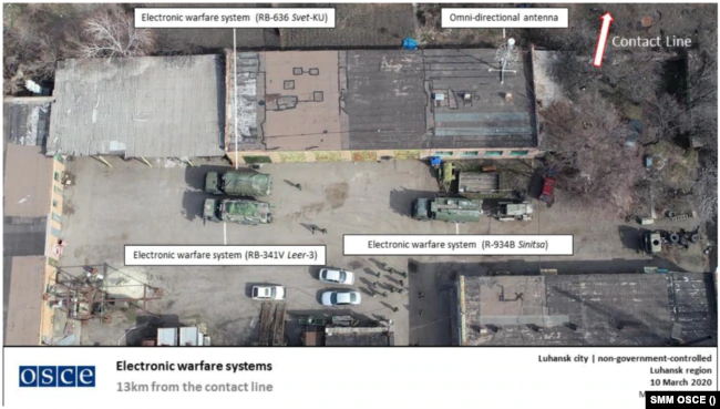 Російські комплекси «Леєр-3», «Свєт-КУ» і «Сініца» зафіксовані безпілотником ОБСЄ в Луганську у 2020-му