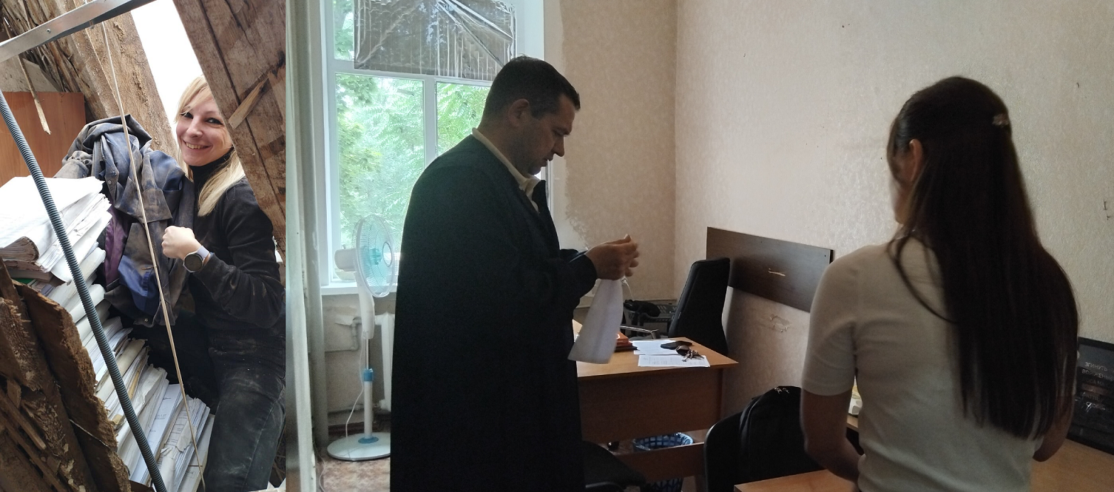 Мантію Дмитра Круподері з-під завалів витягнула його помічниця Юлія (на фото ліворуч). Через кілька місяців після прильоту «Іскандера» вона переїхала до Києва — не змогла впоратися зі стресом через трагедію. На її місце прийшла Ольга. На фото праворуч момент примірки нової суддівської мантії. Фото авторки