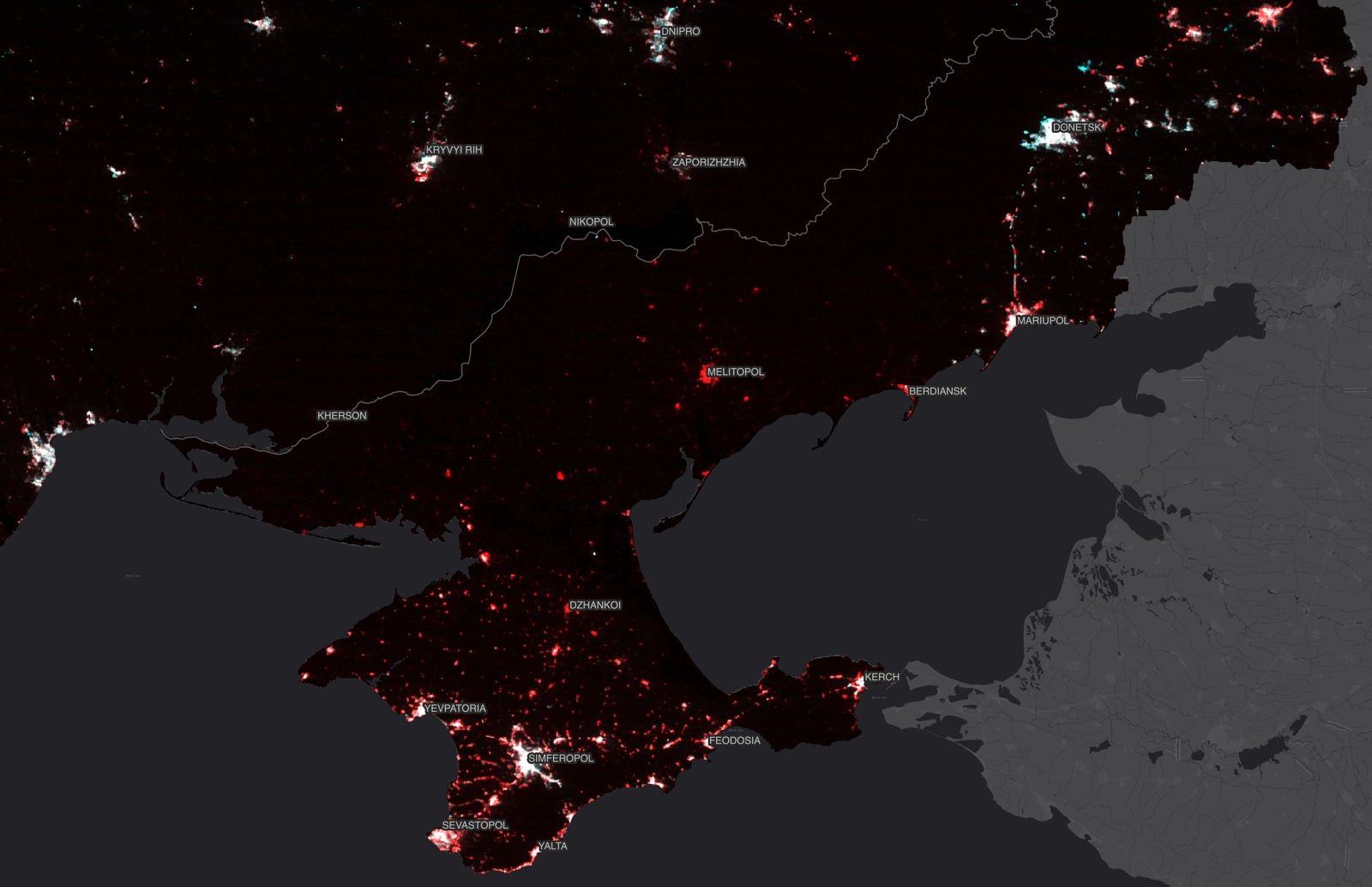 Comparison of nighttime lighting (VIIRS NTL satellite imagery) for July–August 2025 and 2026. Lighting that disappeared is shown in red