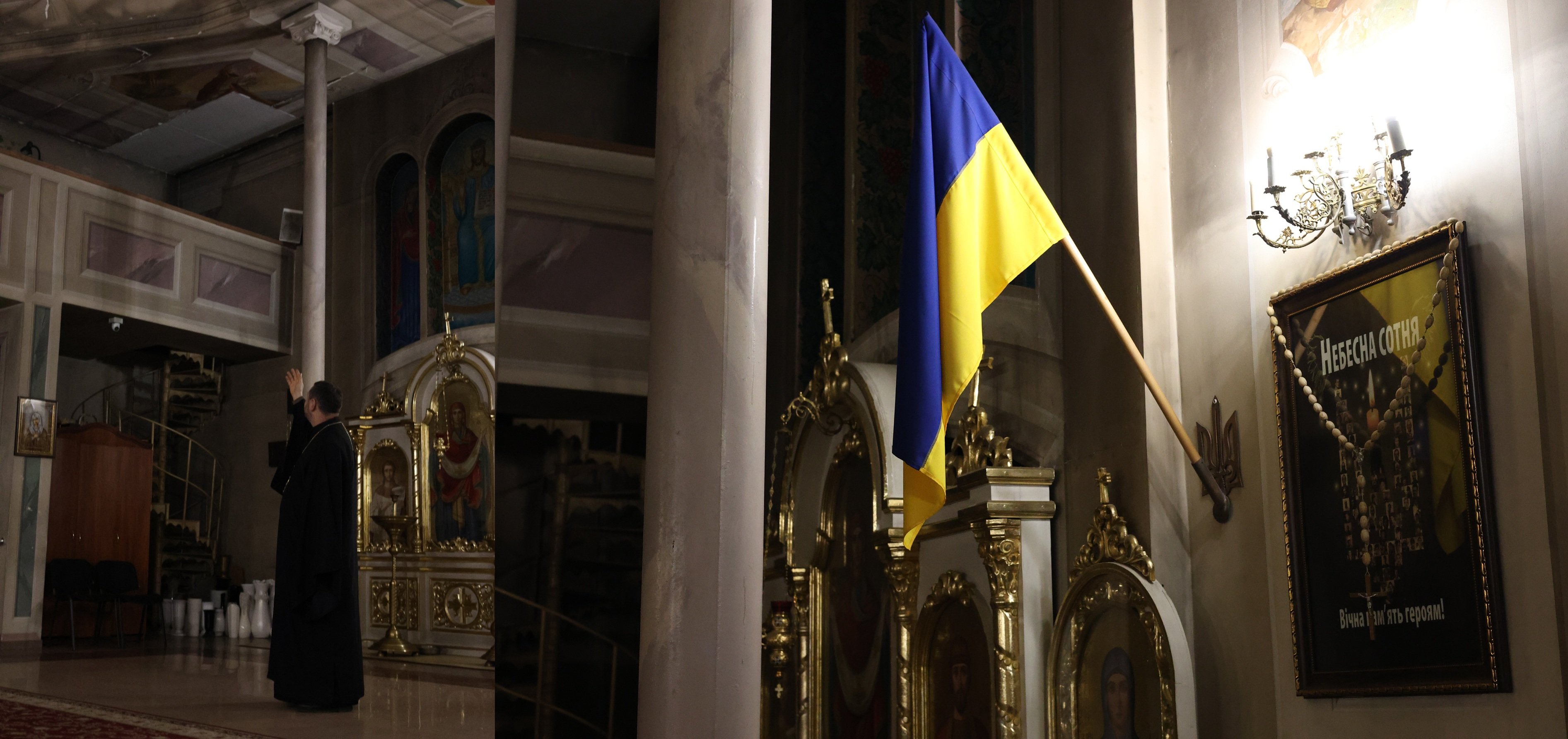 Отець Теодор показує пошкодження внаслідок російського ракетного обстрілу на стелі у храмі, де він служить. Фото автора