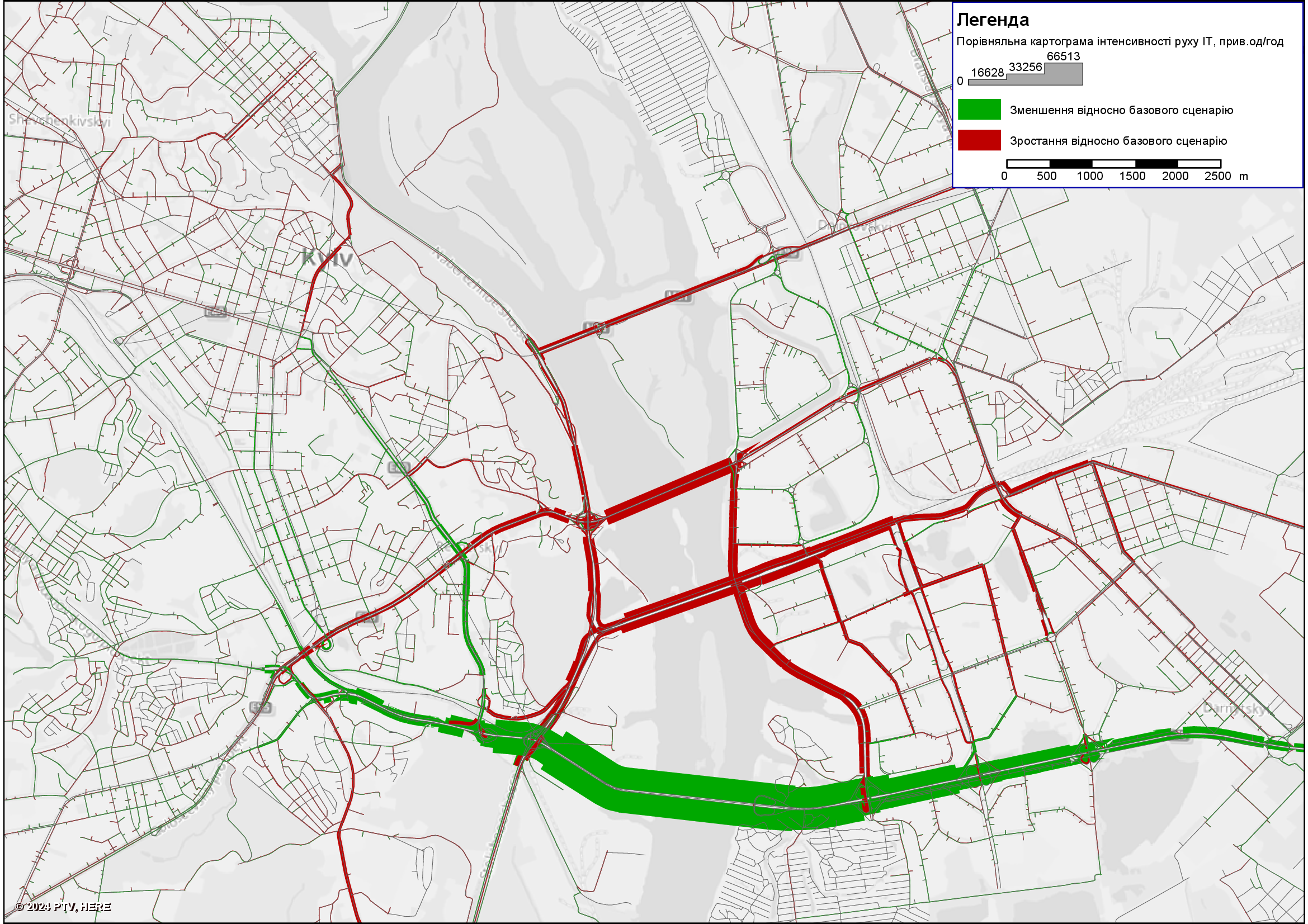 Зеленим позначено транспортні шляхи, де їздити стали менше, ніж зазвичай, червоним — транспортні шляхи, де їздити стали більше. Ширина лінії вказує на інтенсивність трафіку. Джерело розрахунків: ПроМобільність