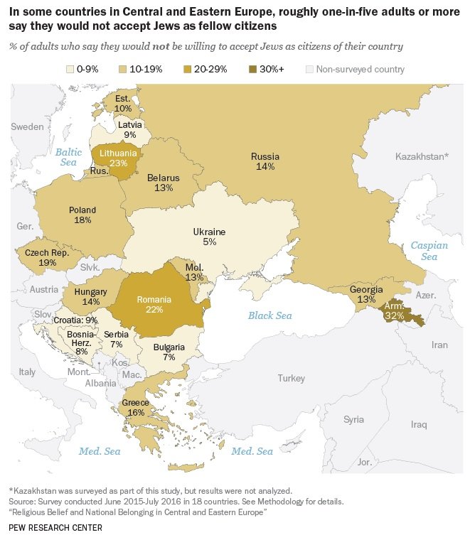 Інфографіка Дослідницького центру PEW: % дорослих, які кажуть, що вони б не бажали приймати євреїв як громадян своєї країни