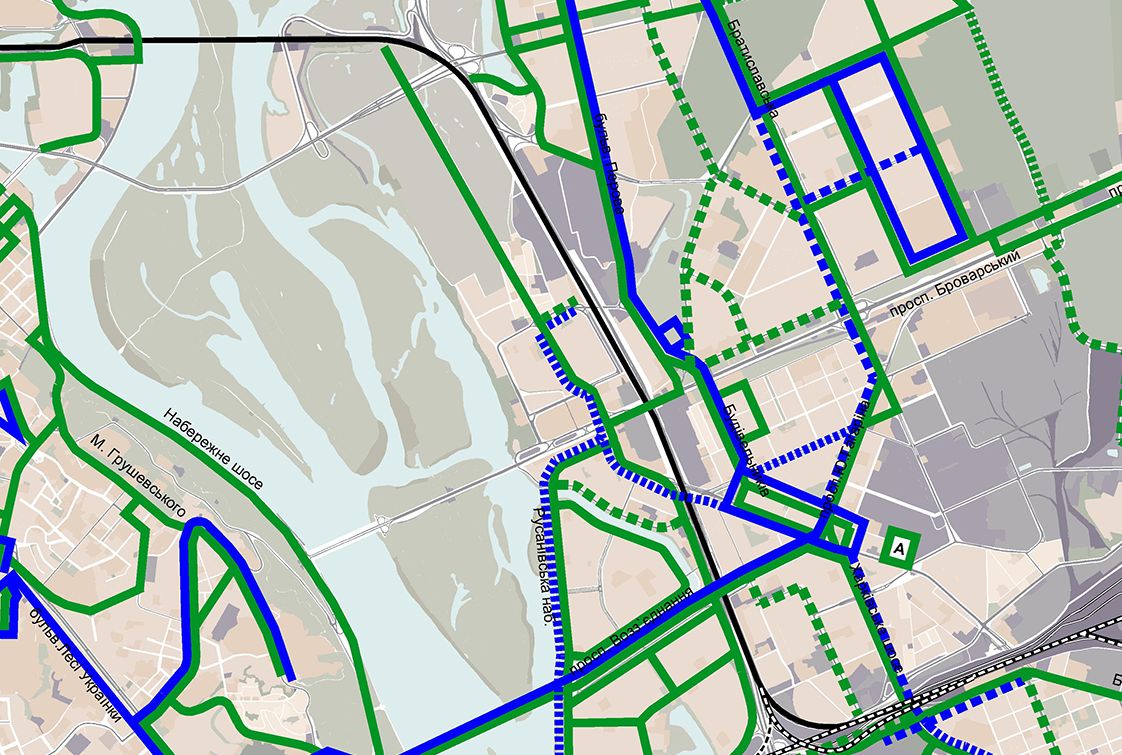 Громадський транспорт на цій ділянці також відсутній (мапа з ще не затвердженого нового генплану Києва)