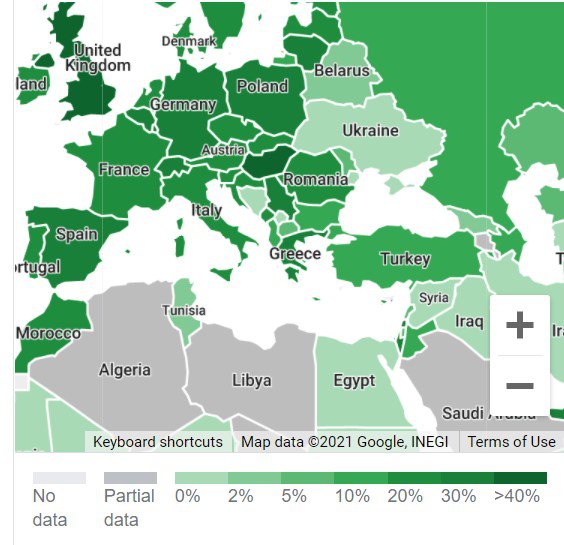 За відсотком повністю вакцинованих ми на рівні Сирії й Іраку, а не Європи: дані Our World In Data, карта генерована Google