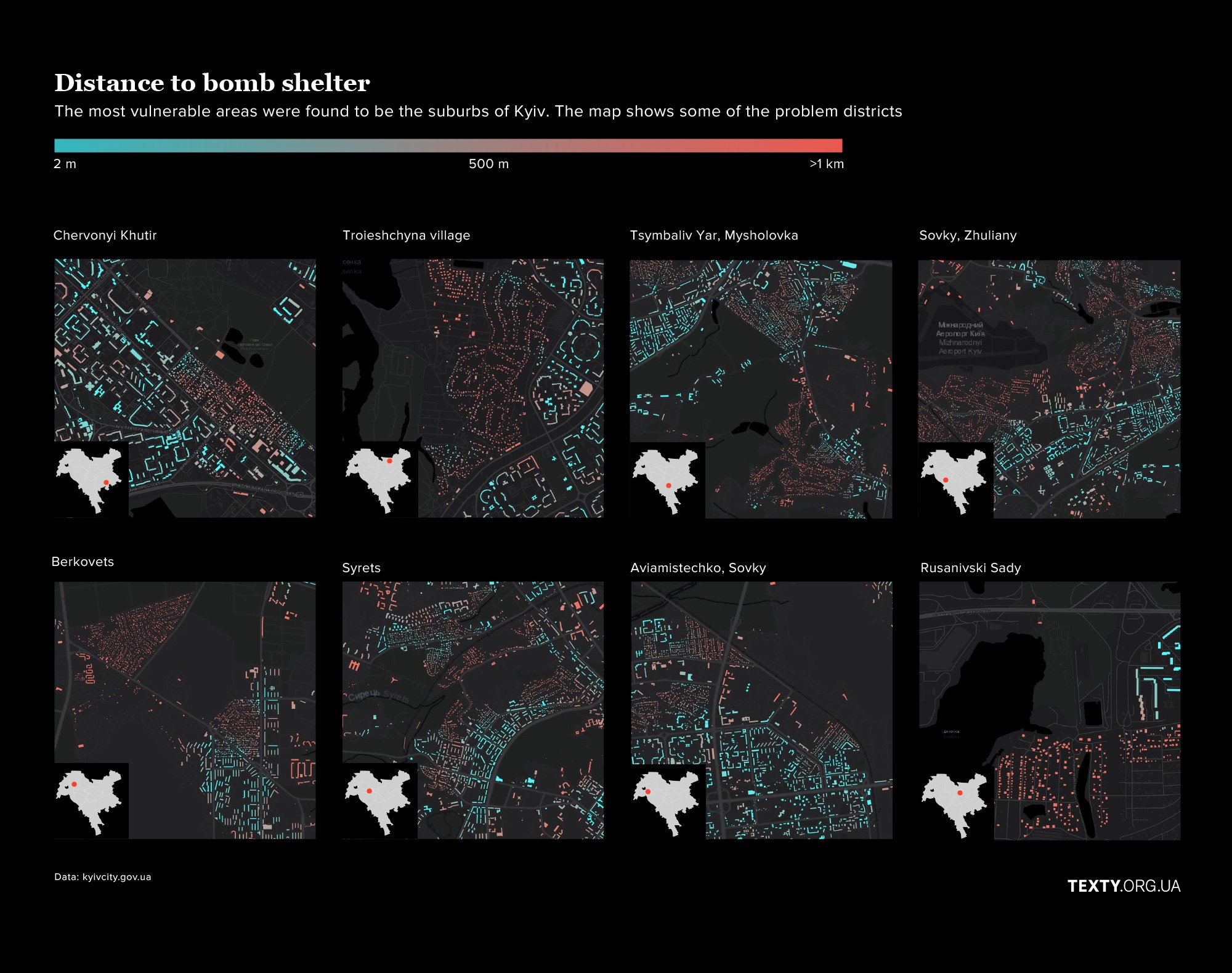 Distance to bomb shelters in Kyiv