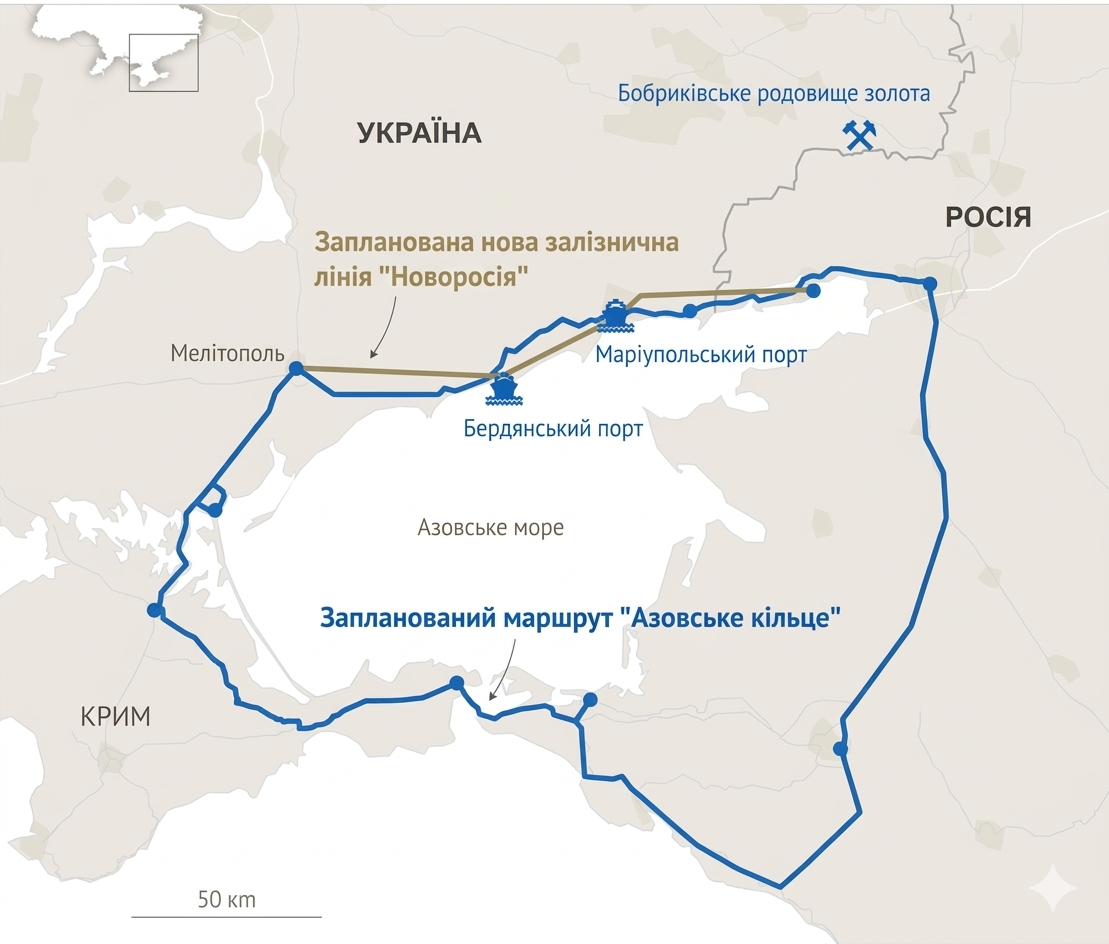 Заплановане «Азовське кільце» та залізнична мережа «Новоросія». Росія планує побудувати нову кільцеву автомагістраль та залізничну лінію далекого сполучення, що з'єднають окуповані території з материковою частиною Росії та Кримом. Карта Reuters, перекладена за допомогою ШІ-інструмента Gemini
