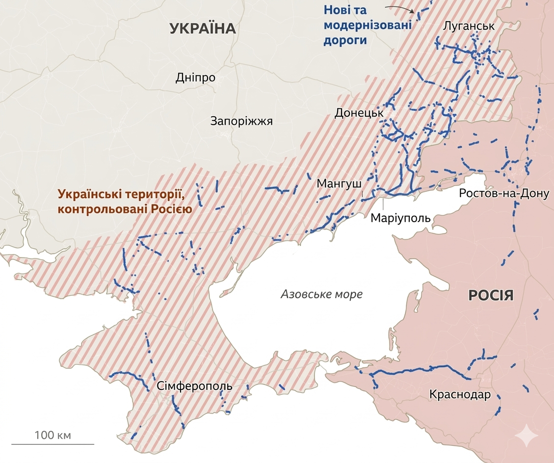Нова мережа автомобільних доріг Росії в окупованій частині Україні. З 2022 року Росія побудувала та модернізувала основні дорожні коридори на окупованих територіях, включно з ключовими ділянками автомагістралі «Новоросія» та «Азовського кільця». Карта Reuters, перекладена за допомогою ШІ-інструмента Gemini