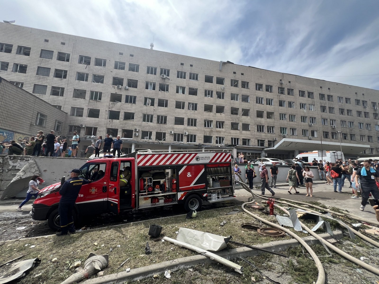 In the neighboring hospital building, all the windows were shattered. Photo by the author.