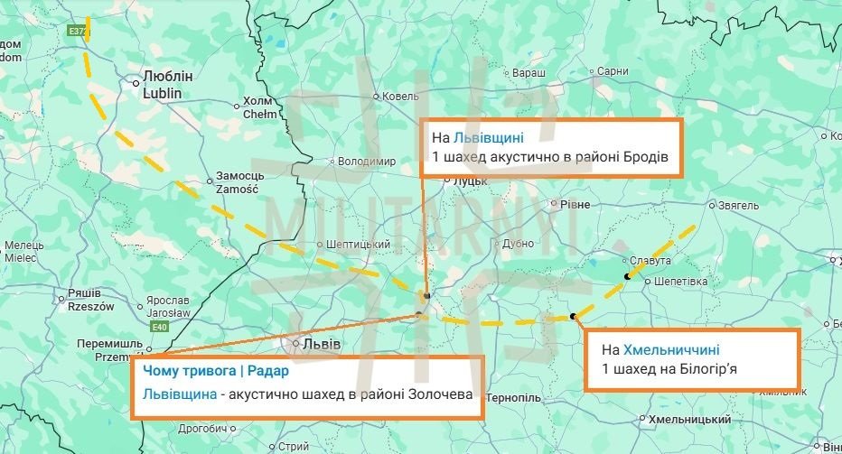 Ймовірний маршрут польоту дрону Shahed, що впав у Польщі 20 серпня 2025 року