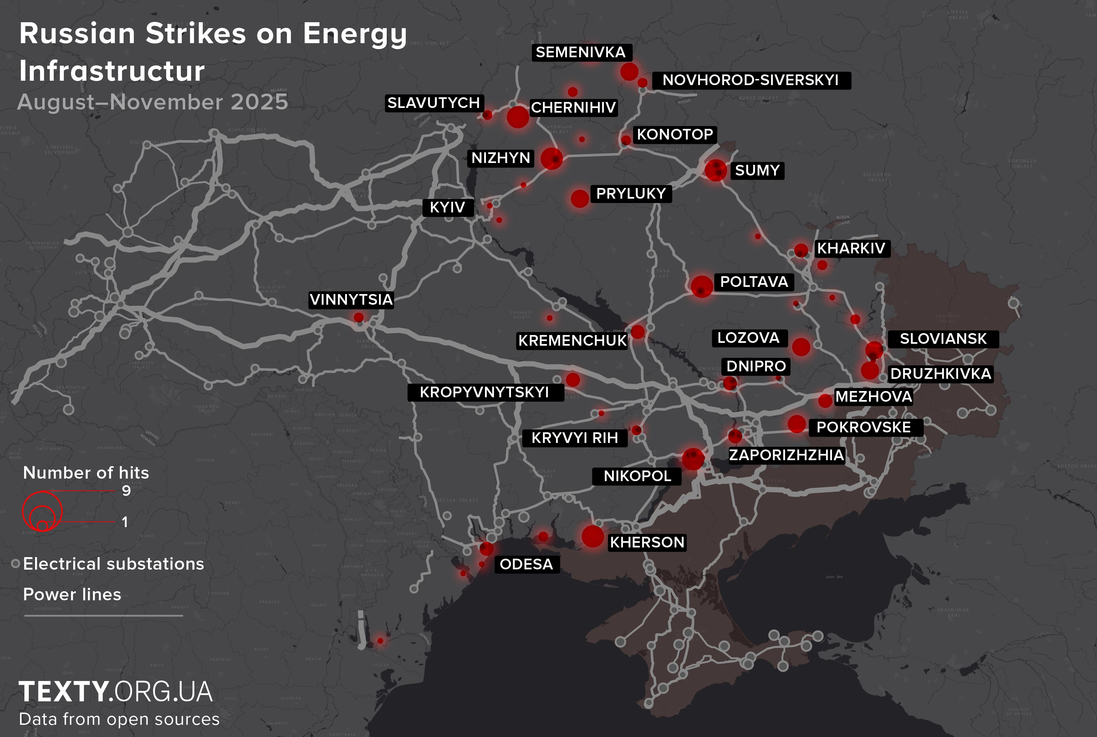 Map of attacks on the energy sector for August–October 2025
