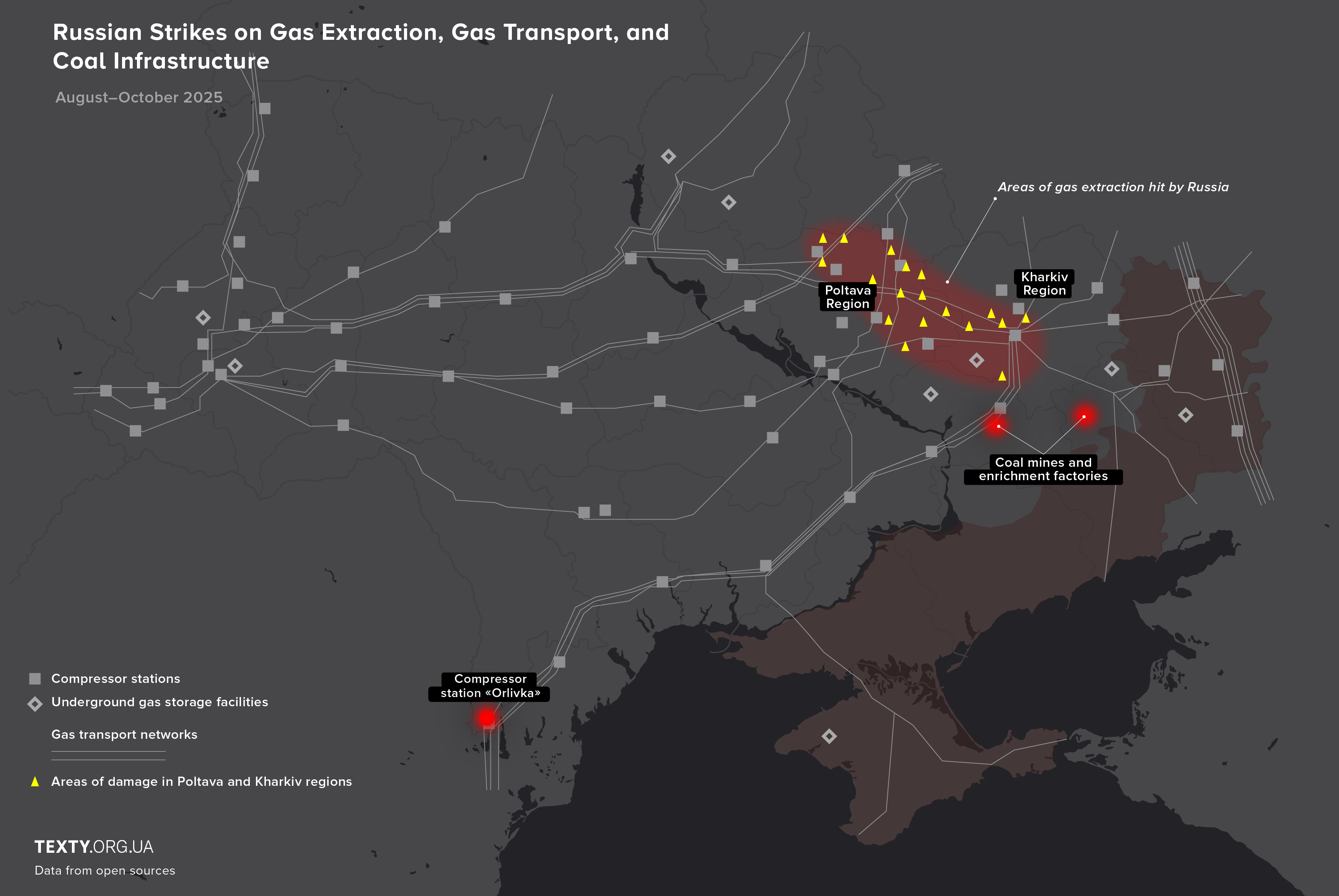 Map of attacks on gas infrastructure in August–October 2025