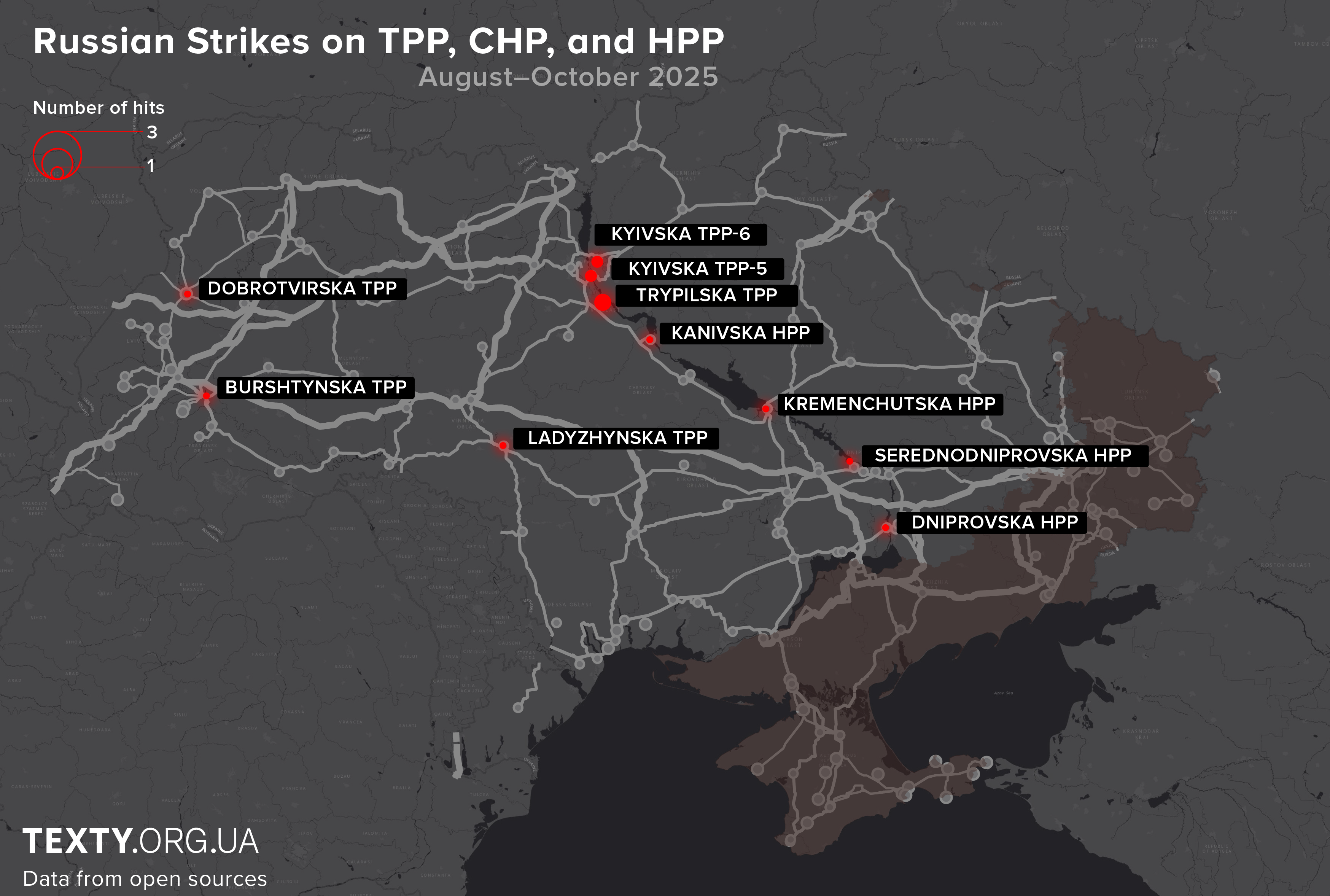 Map of strikes on hydroelectric power plants for August–October 2025