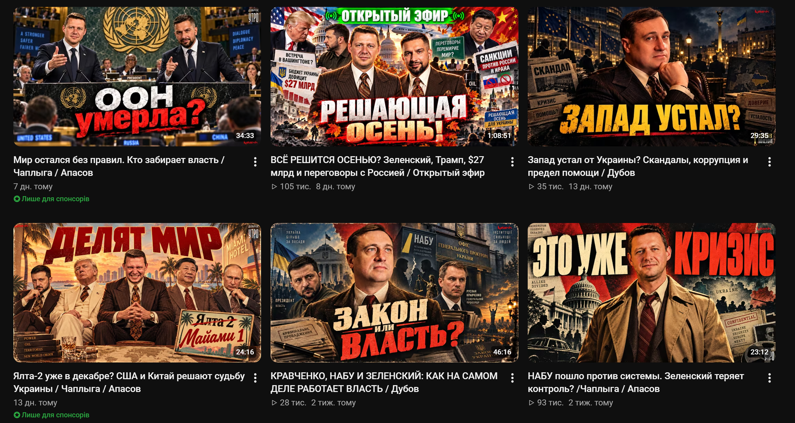 Обкладинки відео на ютуб-каналах пропагандистів