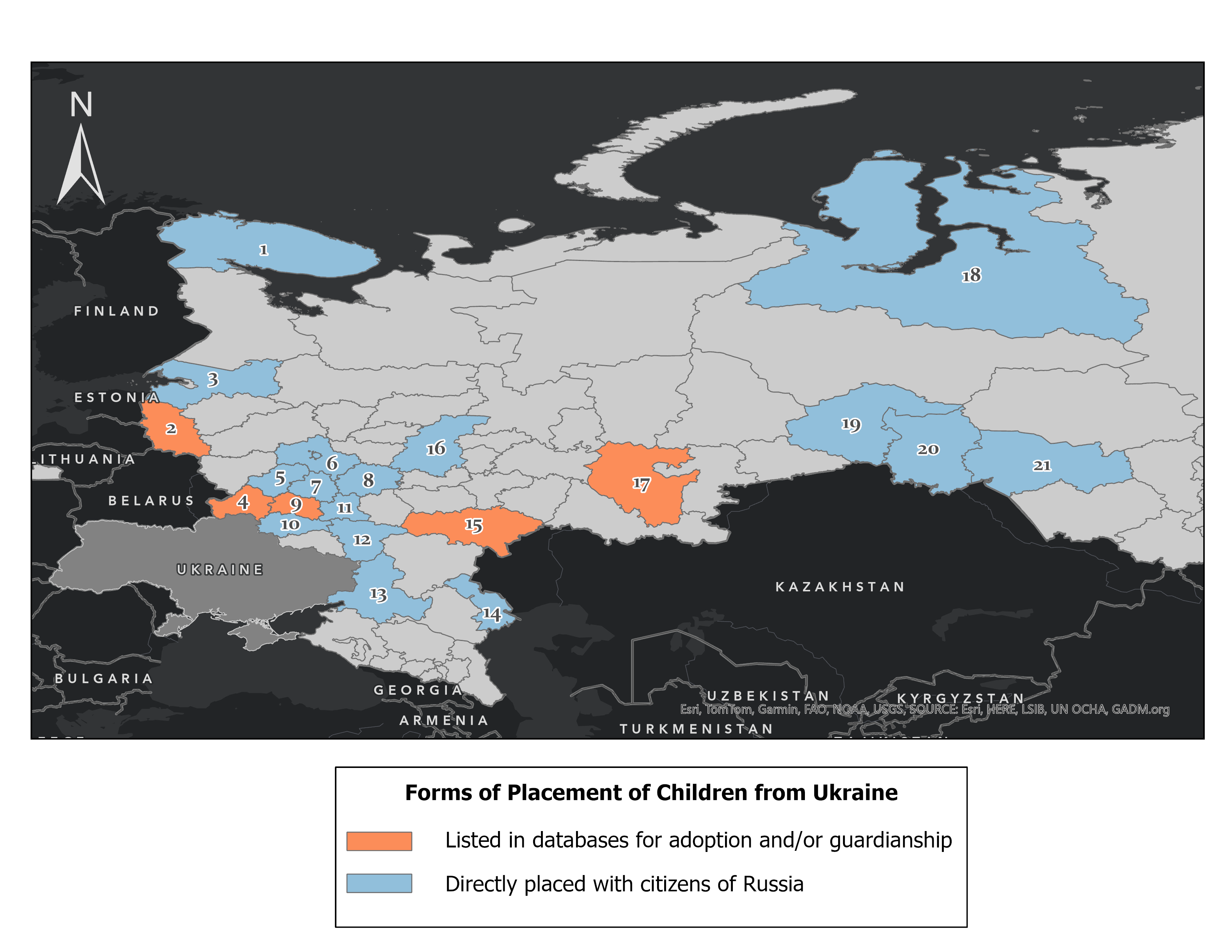 Російські регіони, в яких дітей, ідентифікованих Yale HRL, було взято та внесено до російських баз даних про влаштування дітей або розміщено до громадян Росії