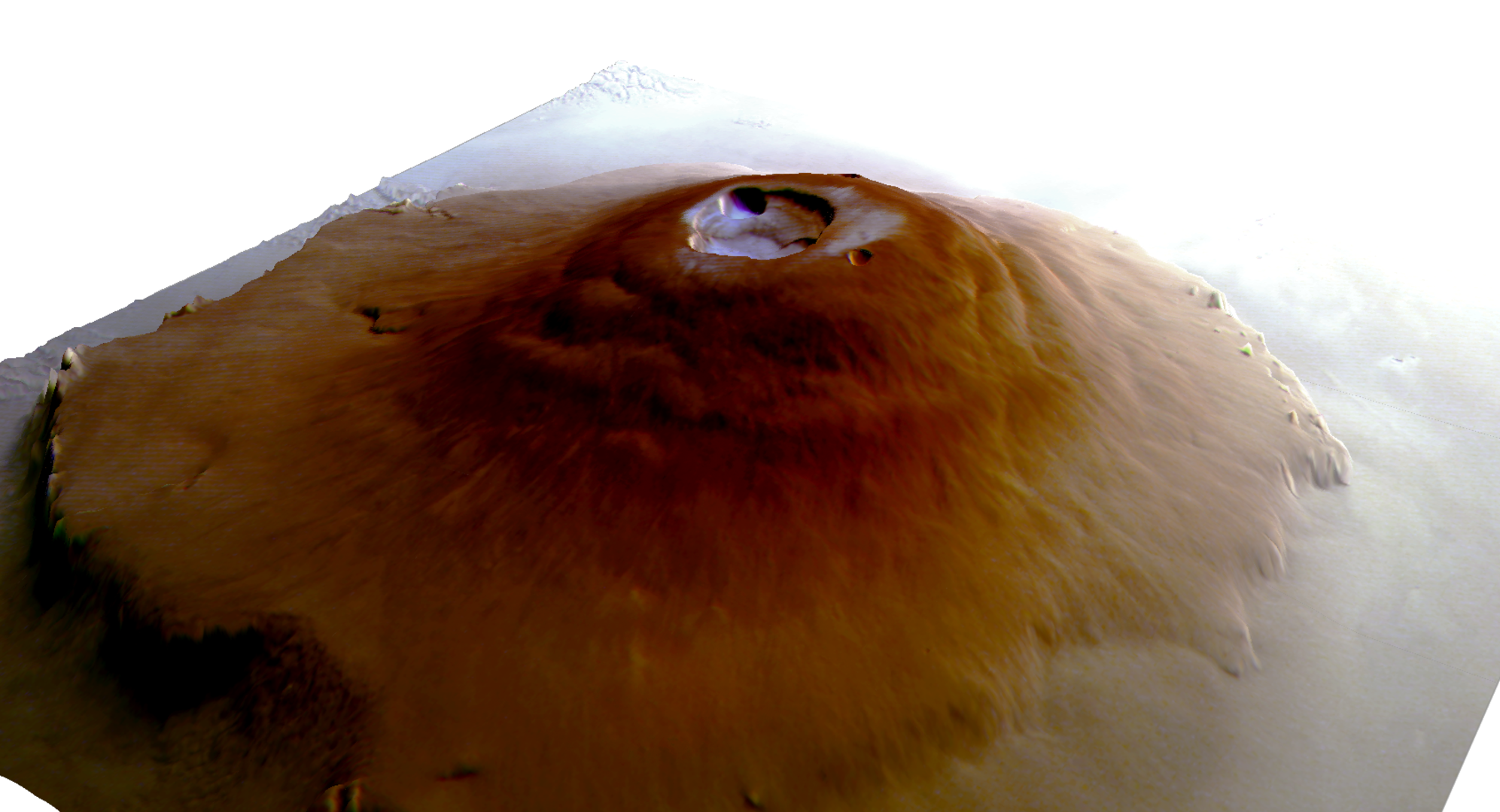 На цьому змодельованому зображенні видно згаслий вулкан Олімп – найвищу планетарну гору в Сонячній системі. Джерело: ESA