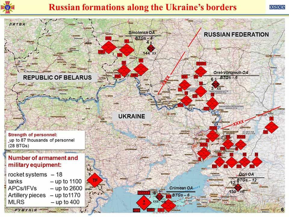Російські військові угруповання на кордоні та на окупованих частинах України. Карта: ОБСЄ