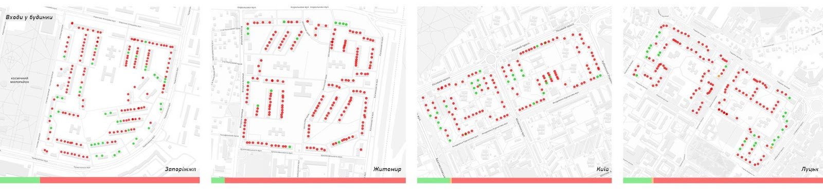 Червоними крапками на картах мікрорайонів позначені недоступні входи в будинки і заклади