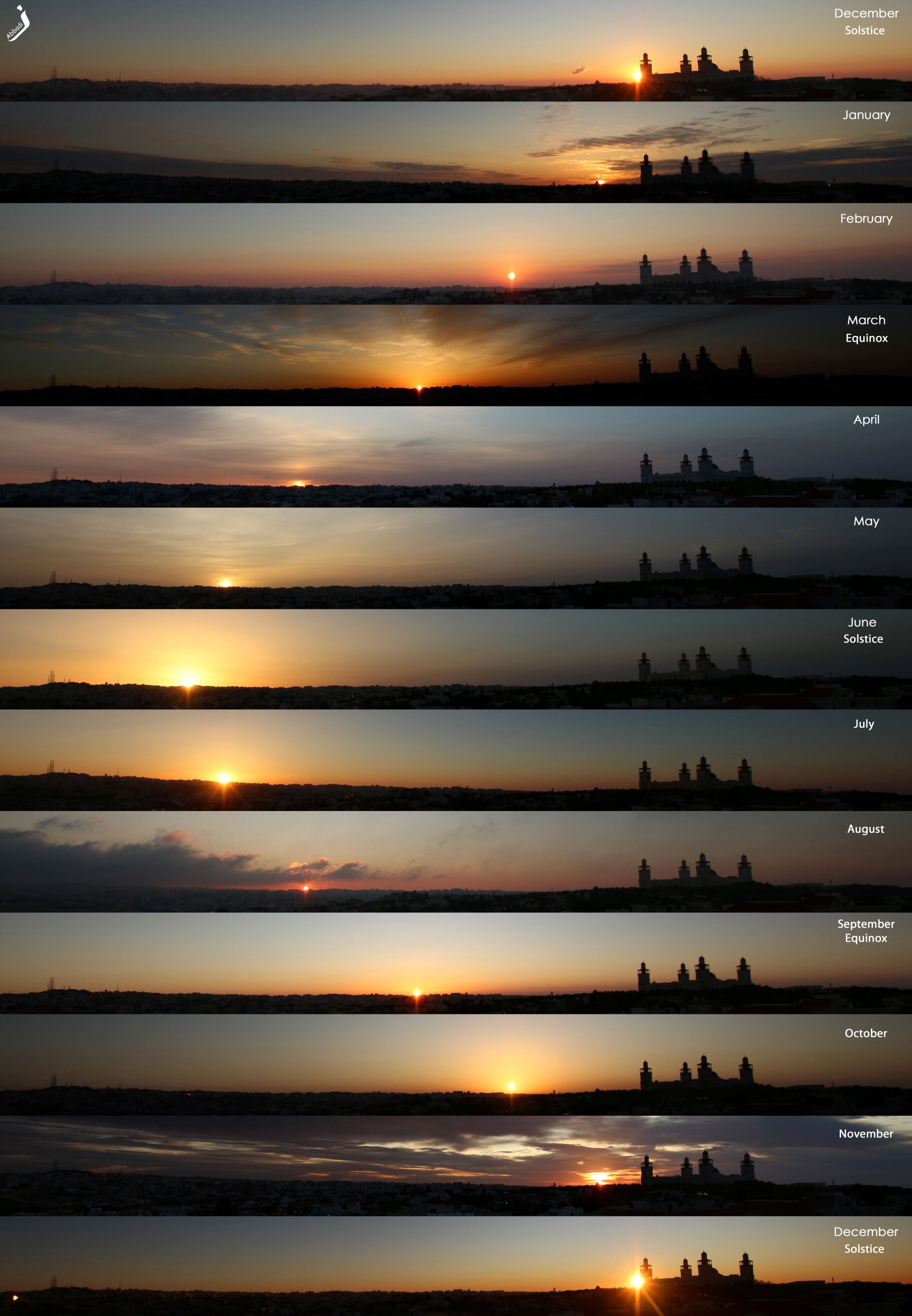 На цій серії від NASA чудово видно, як міняється місце сходу сонця, сфотографоване впродовж року з однієї точки