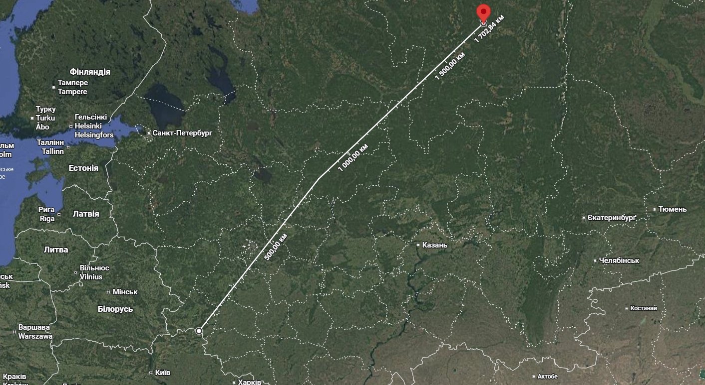 Відстань від України до російського міста Ухта. Джерело зображення: Мілітарний