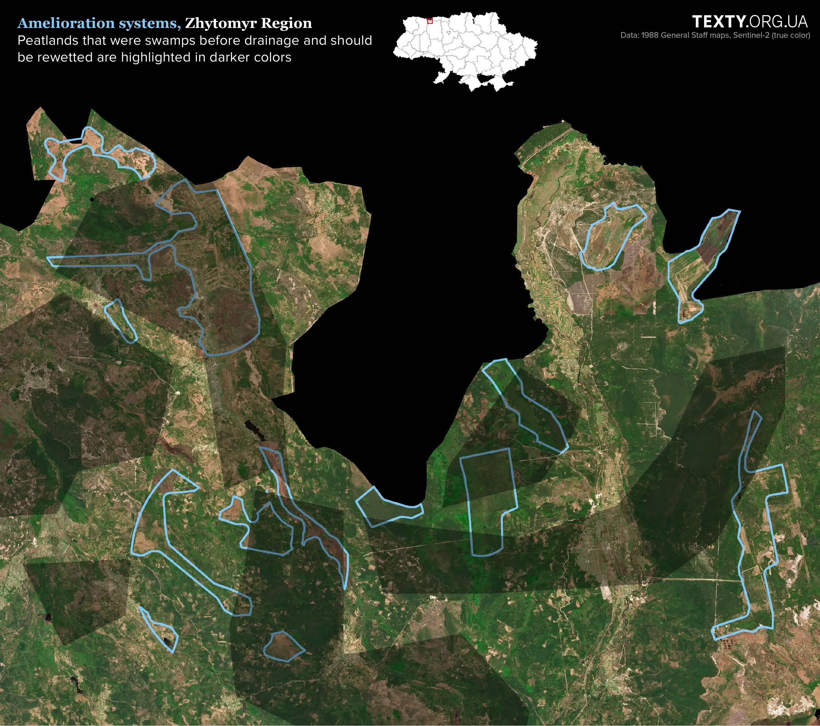 This image displays a section of the border in the Zhytomyr region. Drainage systems are highlighted in blue, while the dark areas represent the peatlands from which they draw water. Restoring these wetlands would create an area almost entirely inaccessible to an invading force.