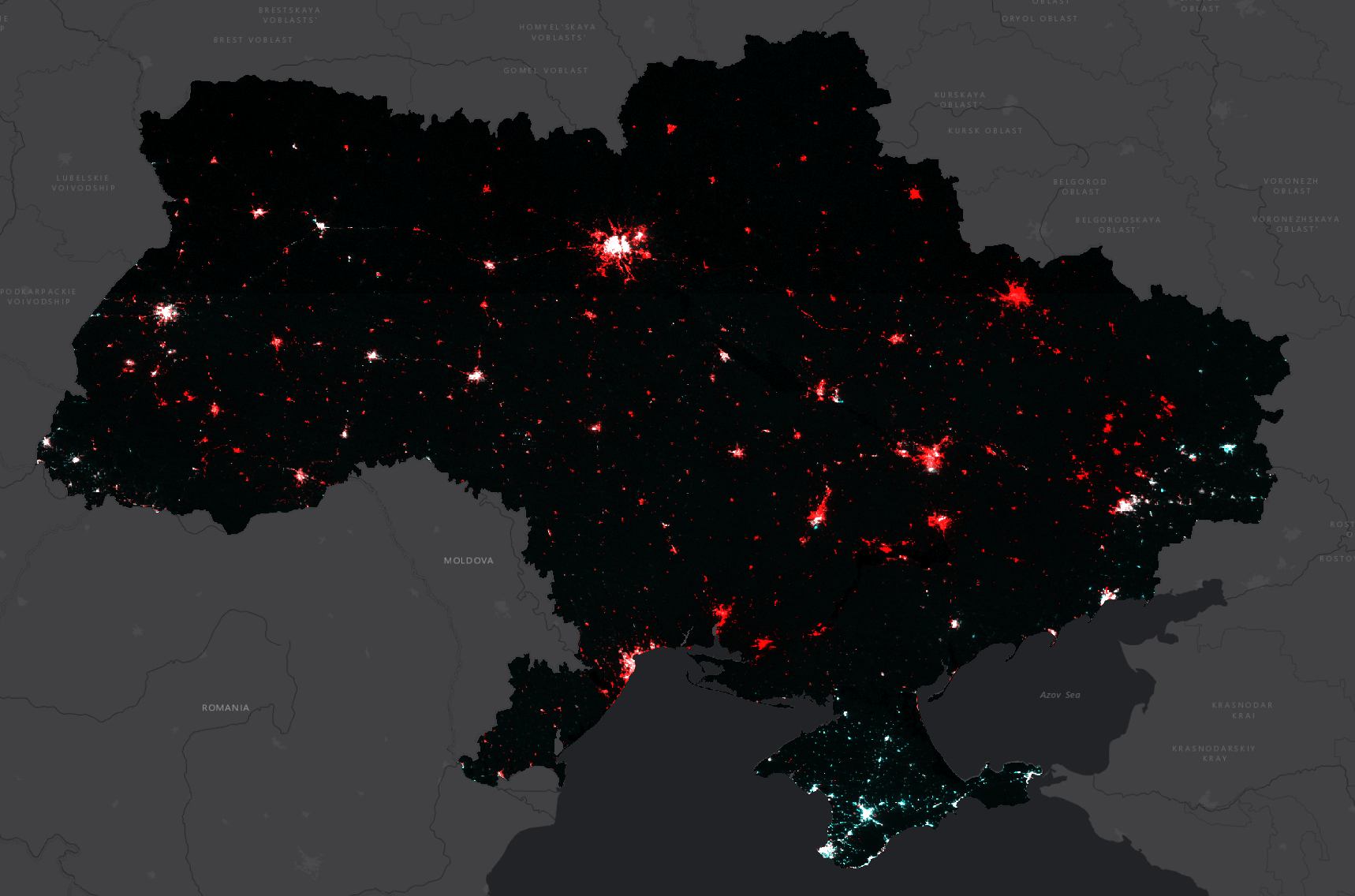 Порівняння нічного освітлення (супутникові знімки VIIRS NTL) за  2021 та 2024 рр. Червоним кольором показано освітлення, що зникло
