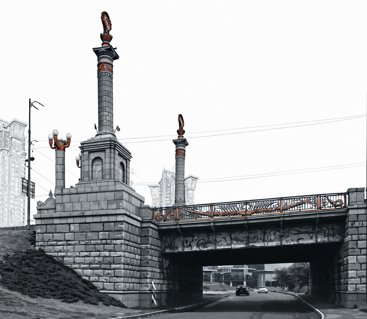 Лівобережний в’їзд на міст із двох боків прикрашений запозиченими в Римської імперії колонами, які вінчають герби Радянського Союзу — сталінського періоду будівництва мосту