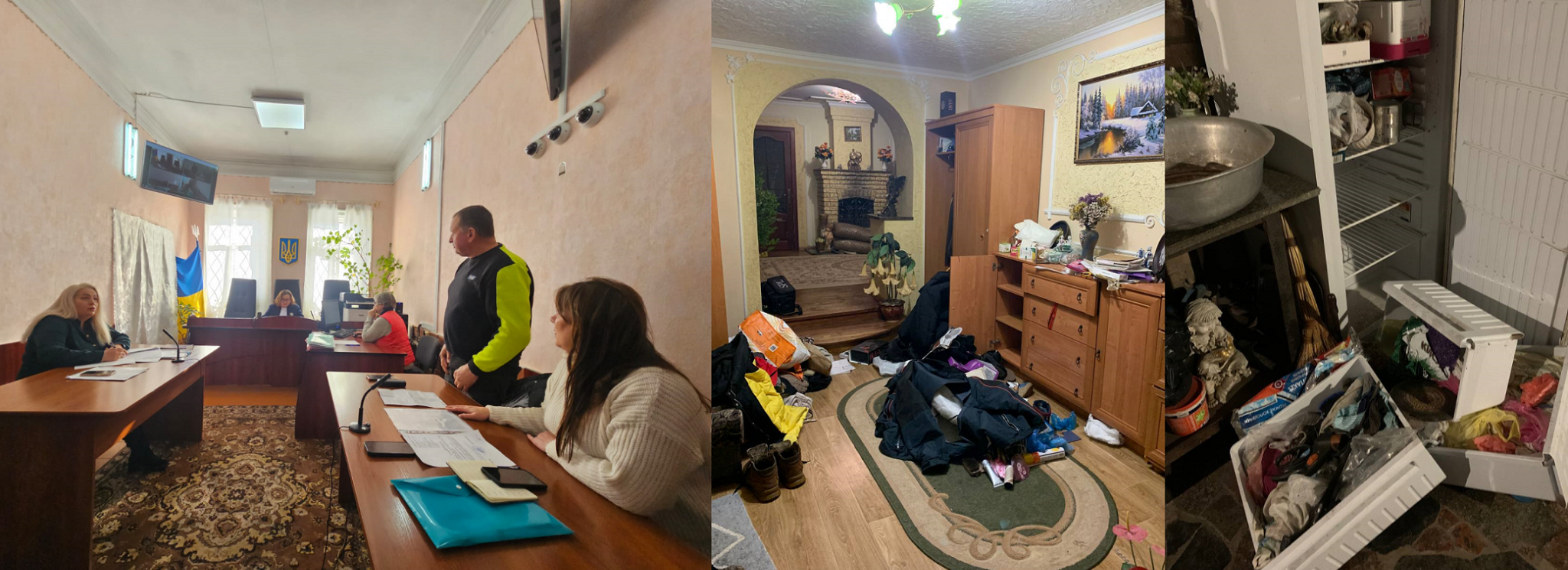 Валерій Ліневич під час судового засідання в Корсунь-Шевченківському районному суді Черкаської області 3 лютого 2026 року. Праворуч на фото будинок Валерія після обшуку 27 січня. Фото авторки