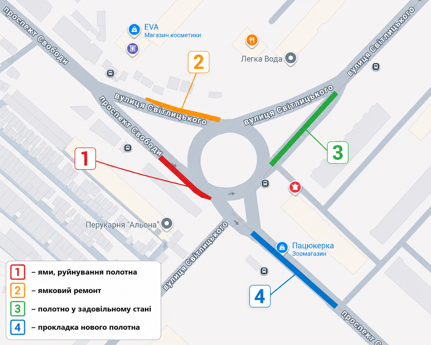 На карті лише одного кола на Виноградарі можна побачити усе «різнобарв’я» стану доріг на житловому масиві від повного руйнування до нового асфальту
