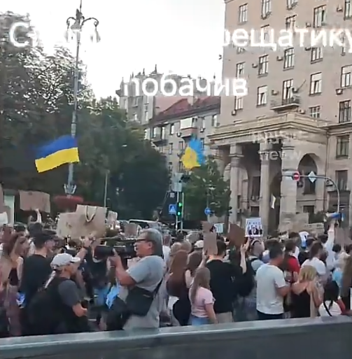 Кадр із відеозапису картонкового протесту в Києві, який російська пропаганда використовує як свідчення «Майдану за мир»