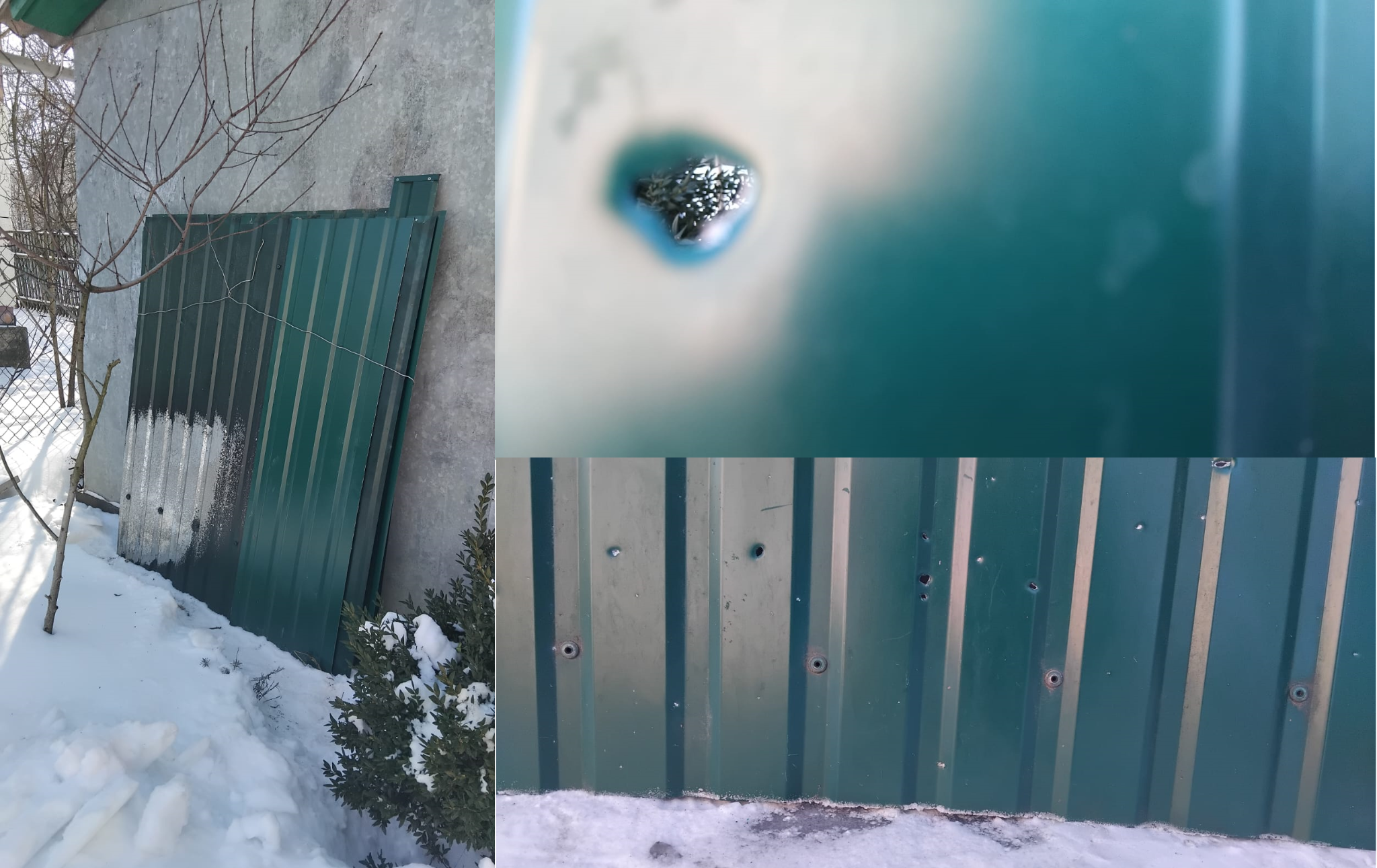 Профнастил із паркана, який був пошкоджений унаслідок вибуху автомобіля Віталія Сторожука. Фото авторки