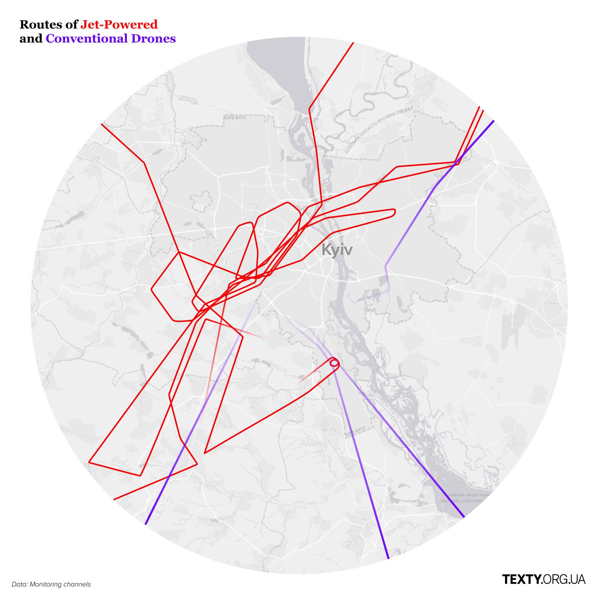 Routes of jet-powered and regular drones