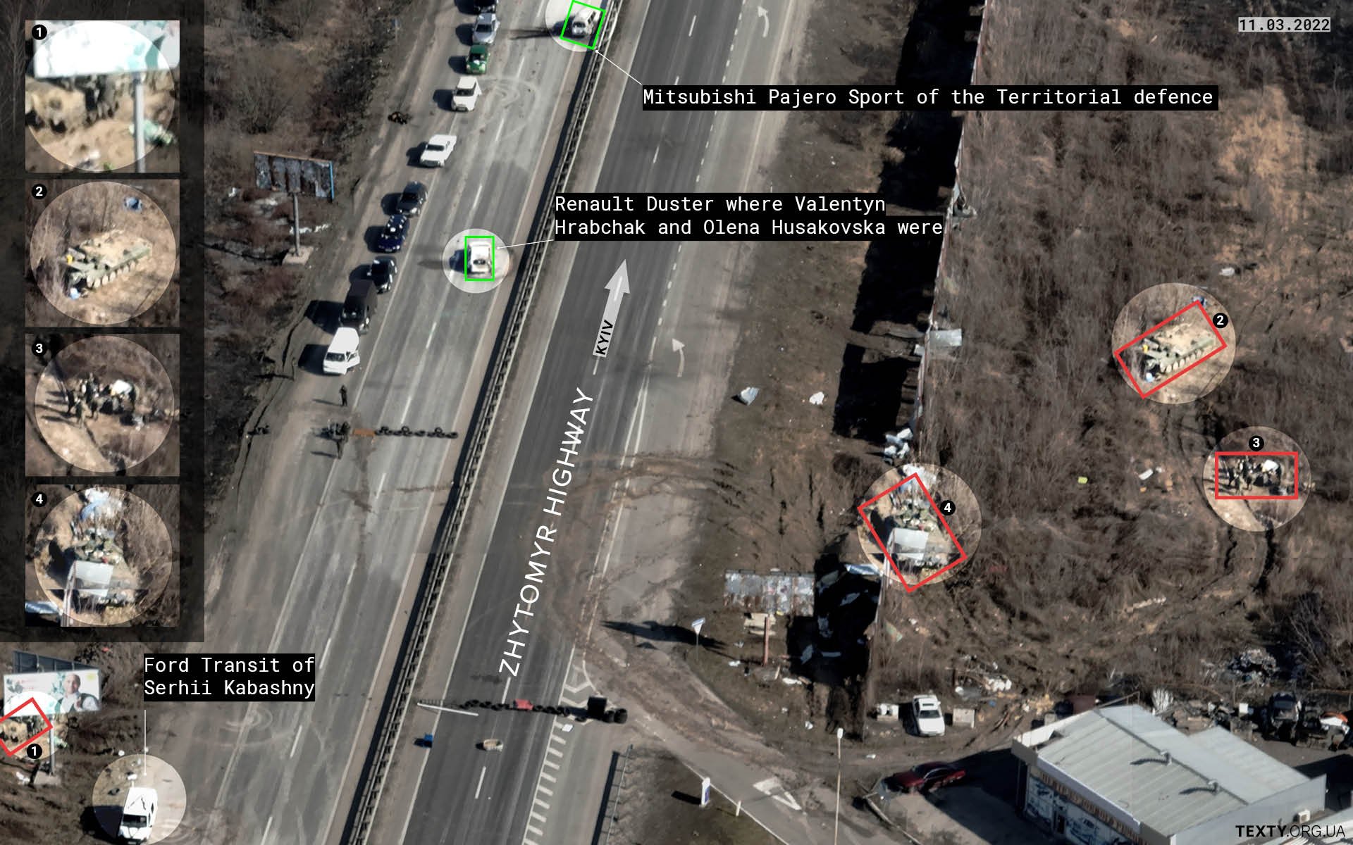 A convoy of civilian vehicles near Russian positions on 11 March. The footage also shows the Ford Transit of Serhii Kabashny, which the Russians used to move around. It is clear that they marked it with the letter V