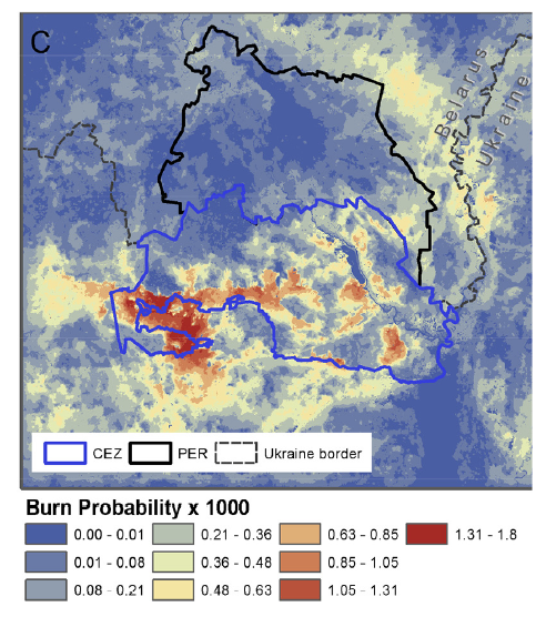 Ризик виникнення пожеж відповідно до публікації: синім обведена територія Чорнобильської зони відчуження