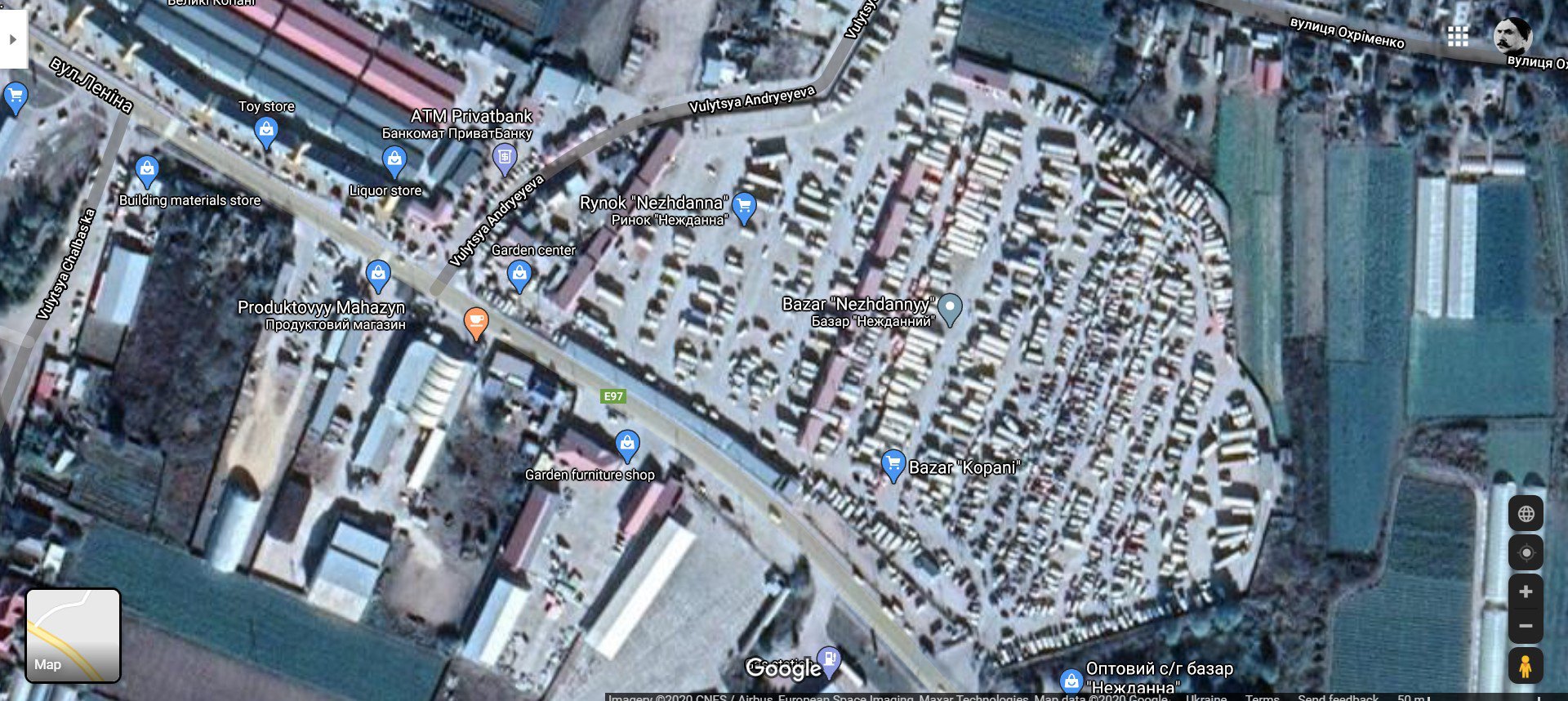 Численні оптові ринки у Великих Копанях, гугл-мапи (супутник)